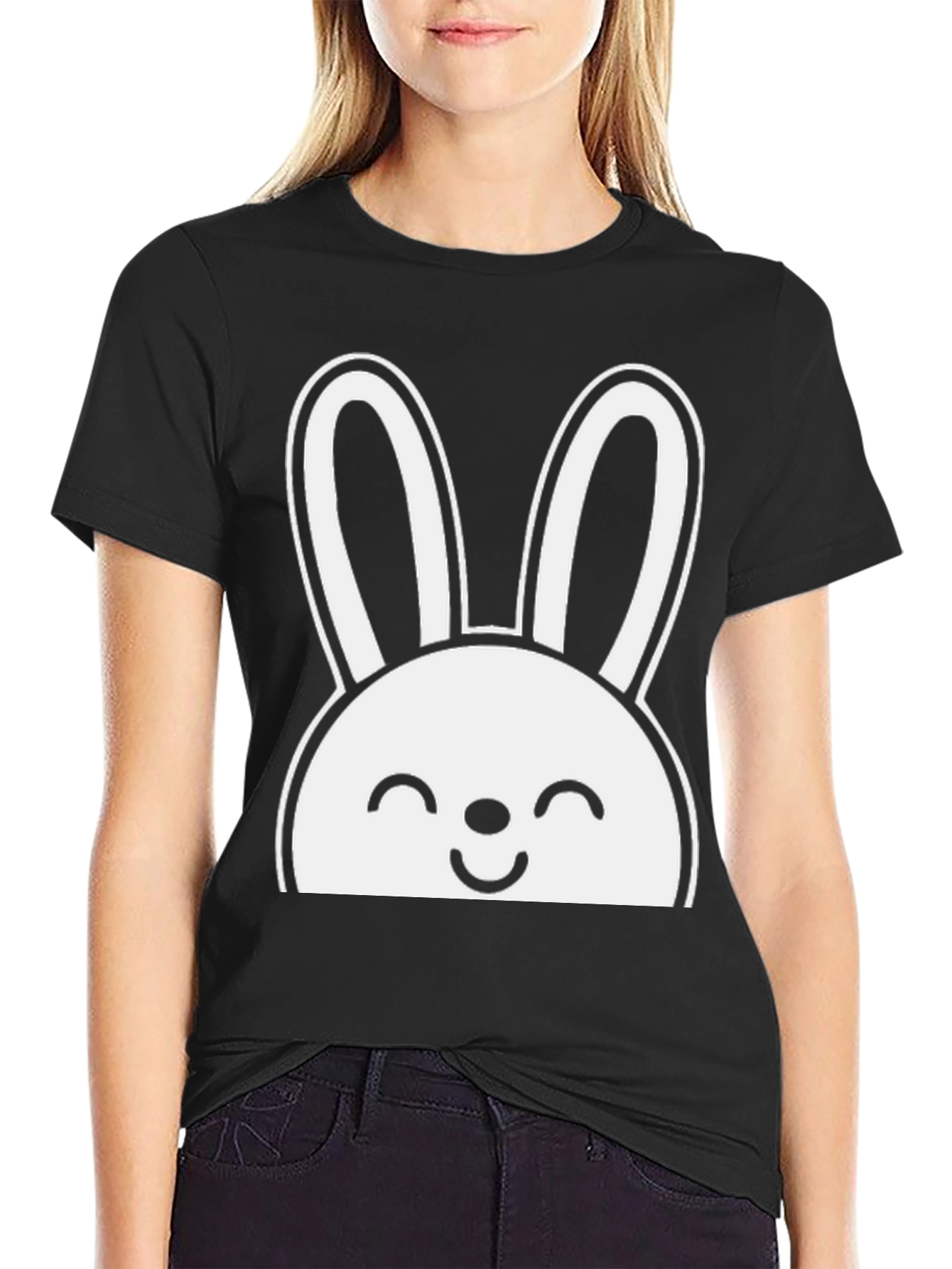 Cute Bunny Graphic Tee - Black Cotton T-Shirt