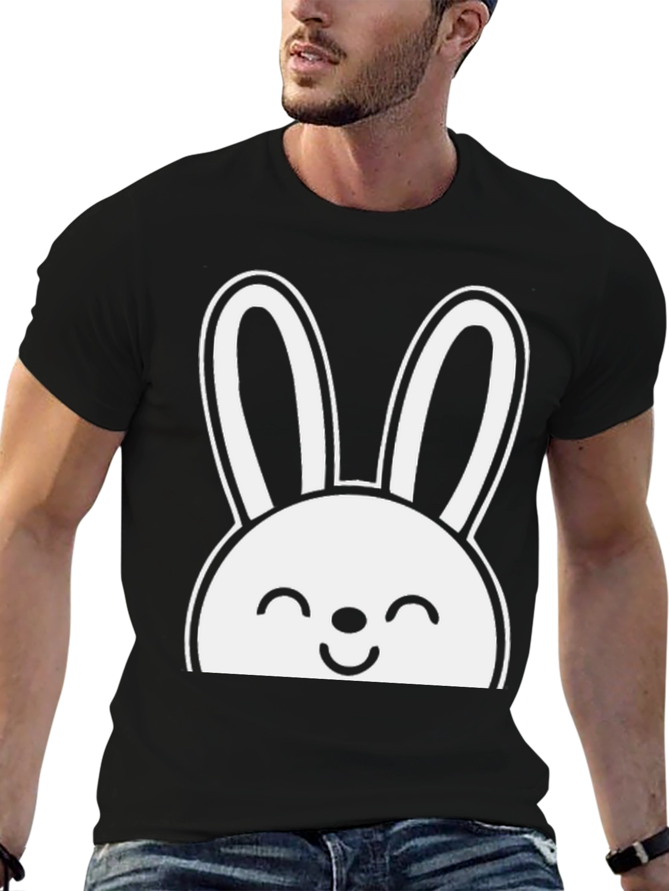 Cute Bunny Graphic Tee - Black Cotton T-Shirt