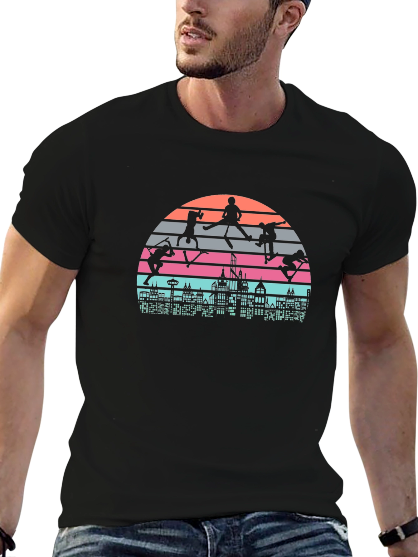 Skateboarding Cityscape Retro Graphic Tee