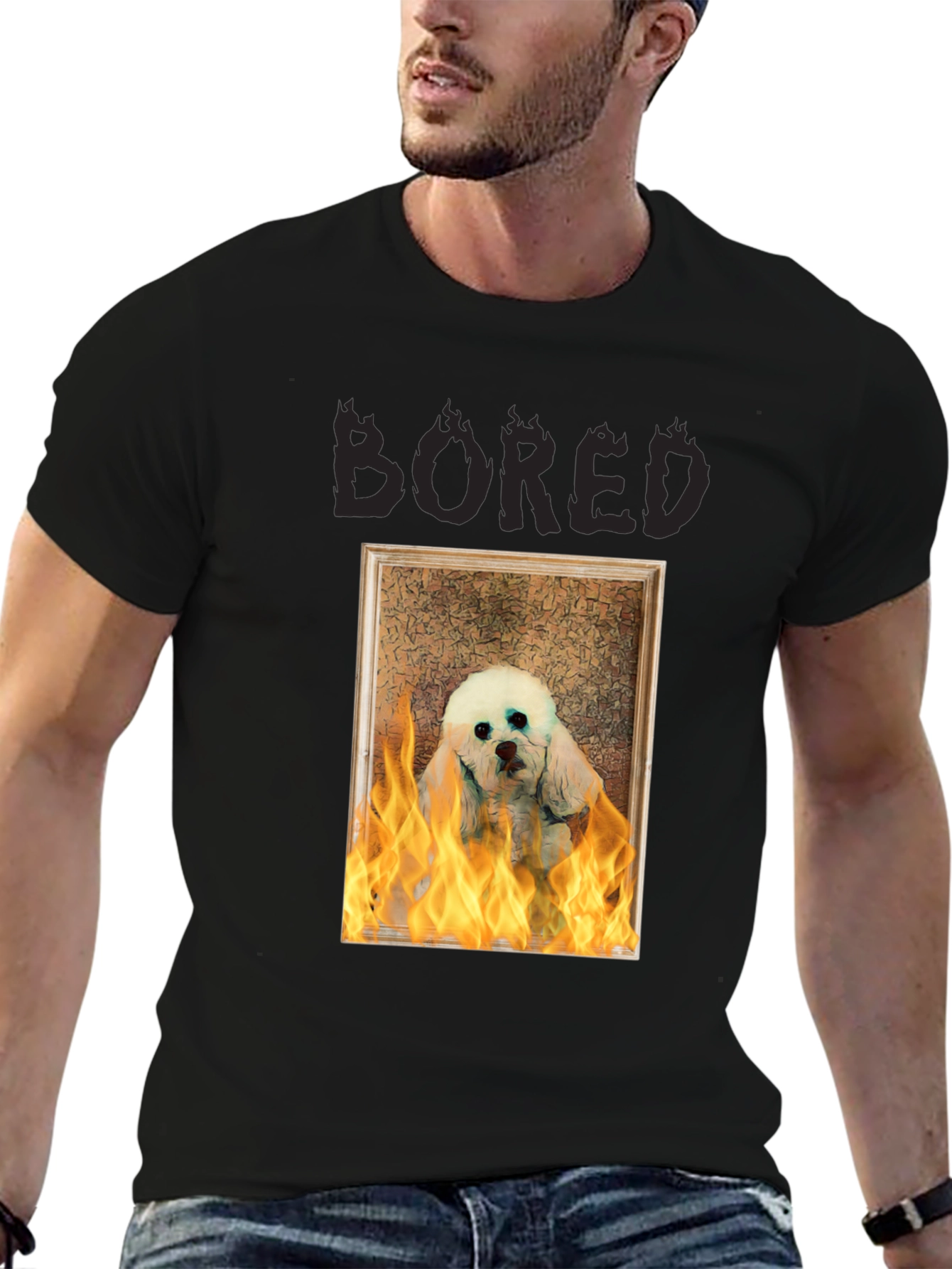 Bored Dog in Flames Graphic T-Shirt - Unisex
