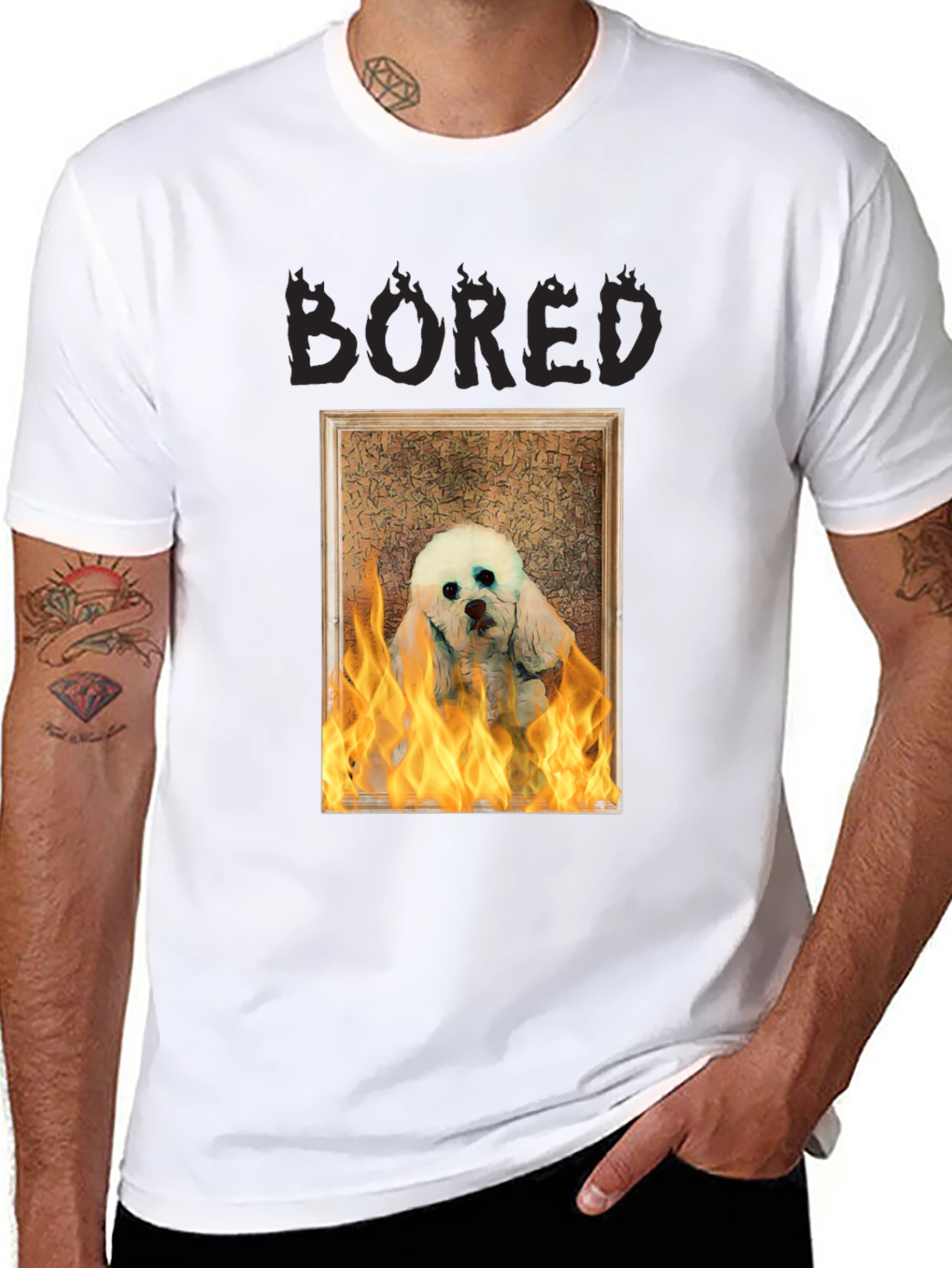 Bored Dog in Flames Graphic T-Shirt - Unisex