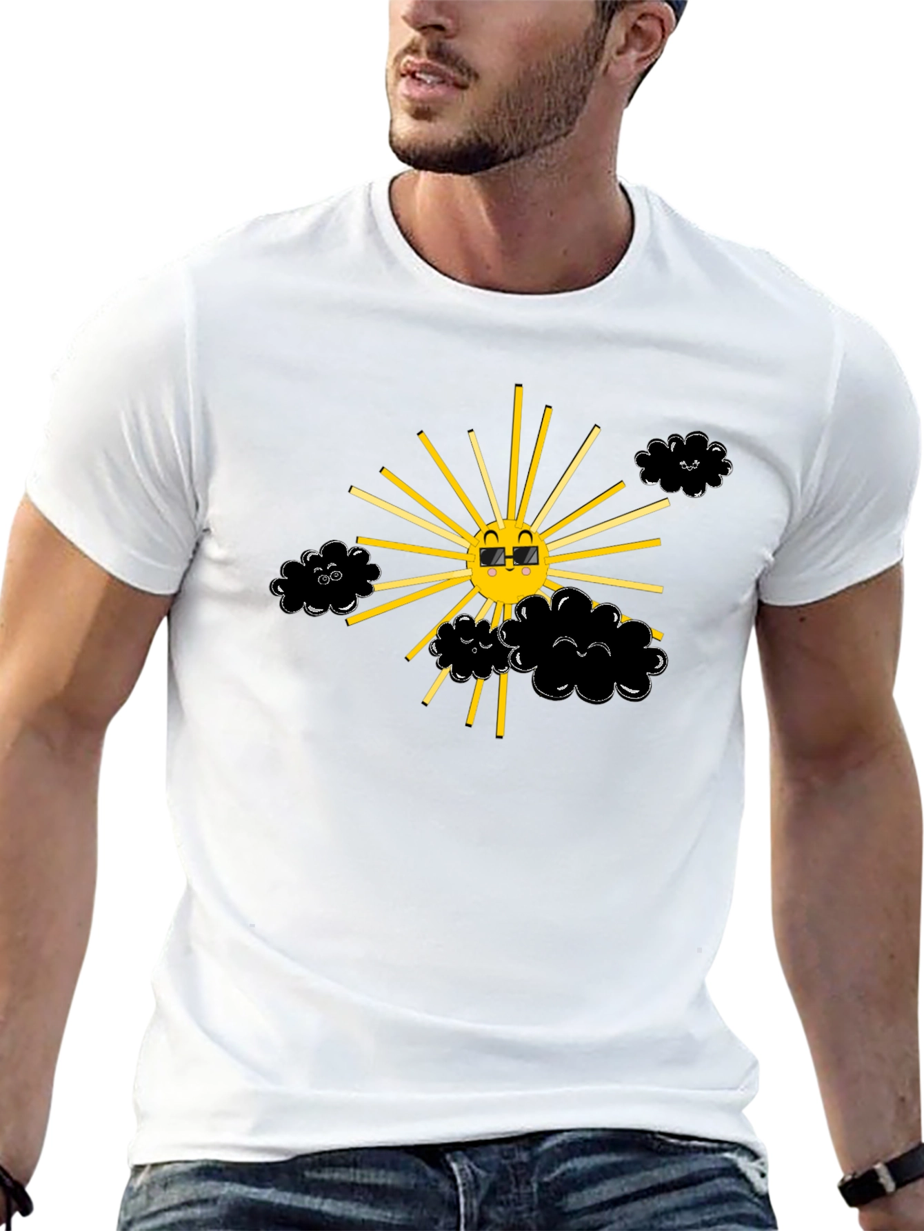 Smiling Sun with Clouds Black T-Shirt