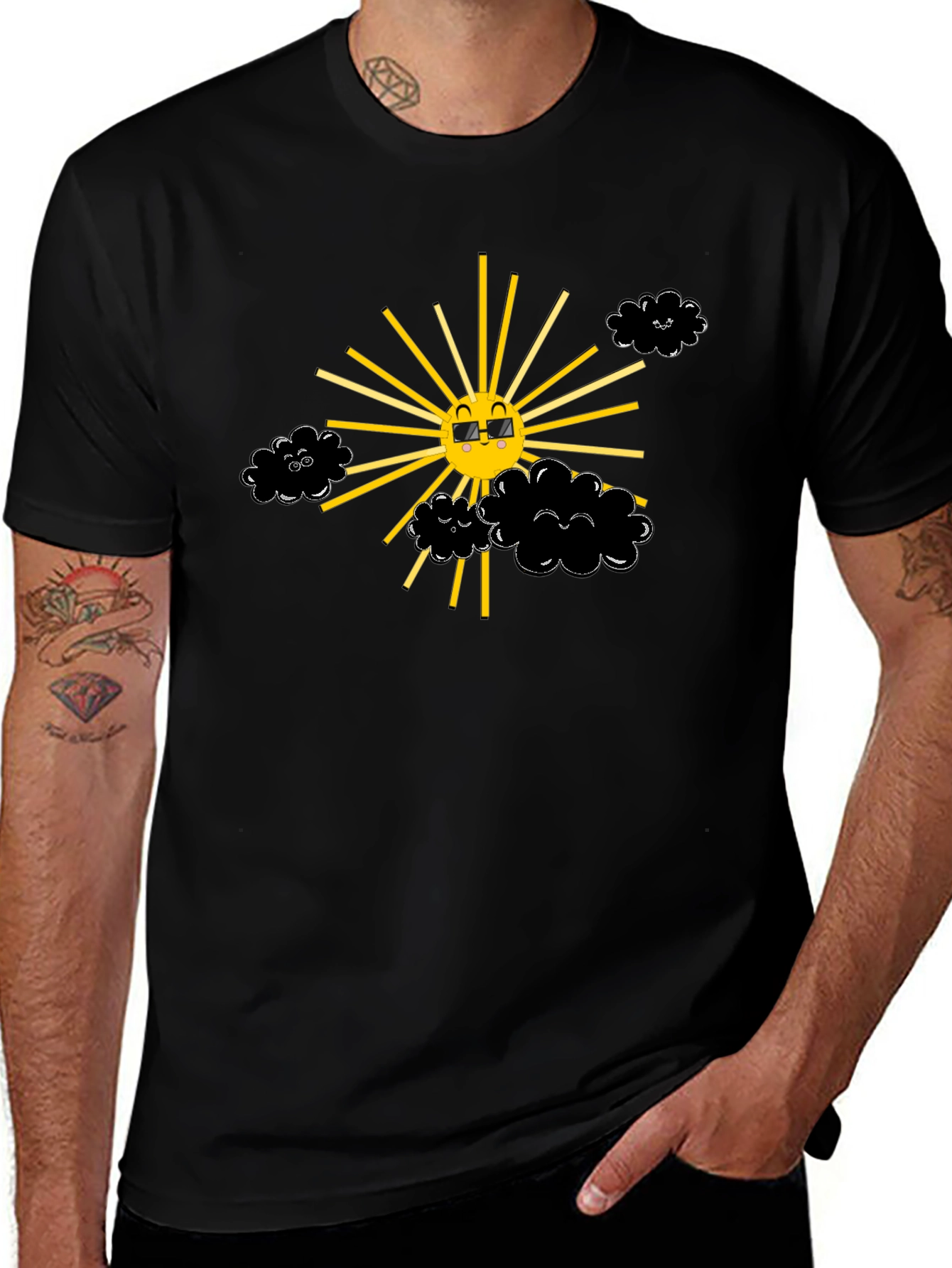 Smiling Sun with Clouds Black T-Shirt