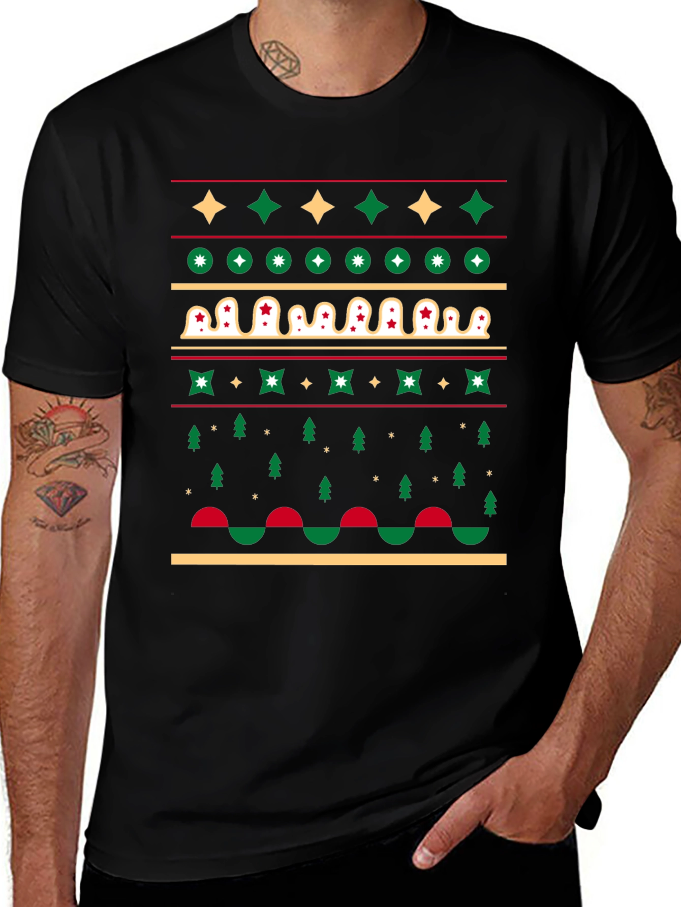 Festive Holiday Pattern Black T-Shirt