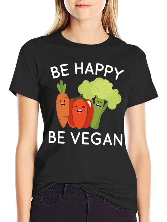 Be Happy Be Vegan Graphic Tee - Unisex Black T-Shirt