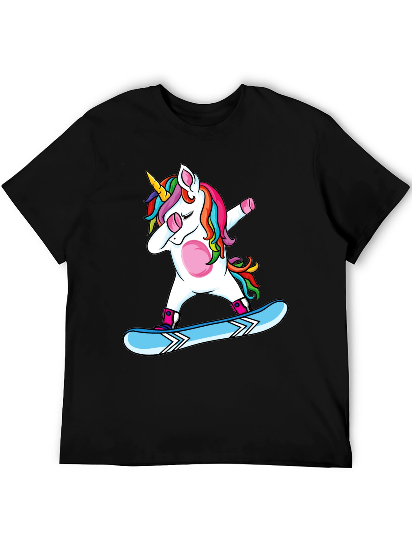 Dabbing Unicorn Snowboarding Black T-Shirt