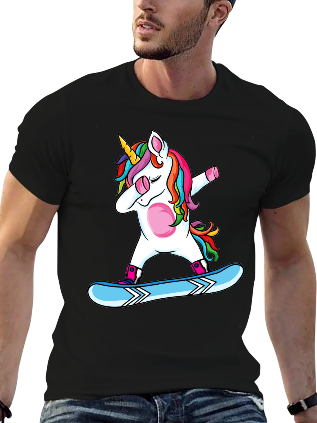 Dabbing Unicorn Snowboarding Black T-Shirt