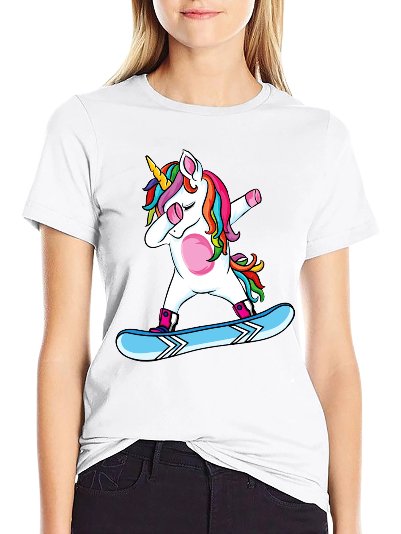 Dabbing Unicorn Snowboarding Black T-Shirt