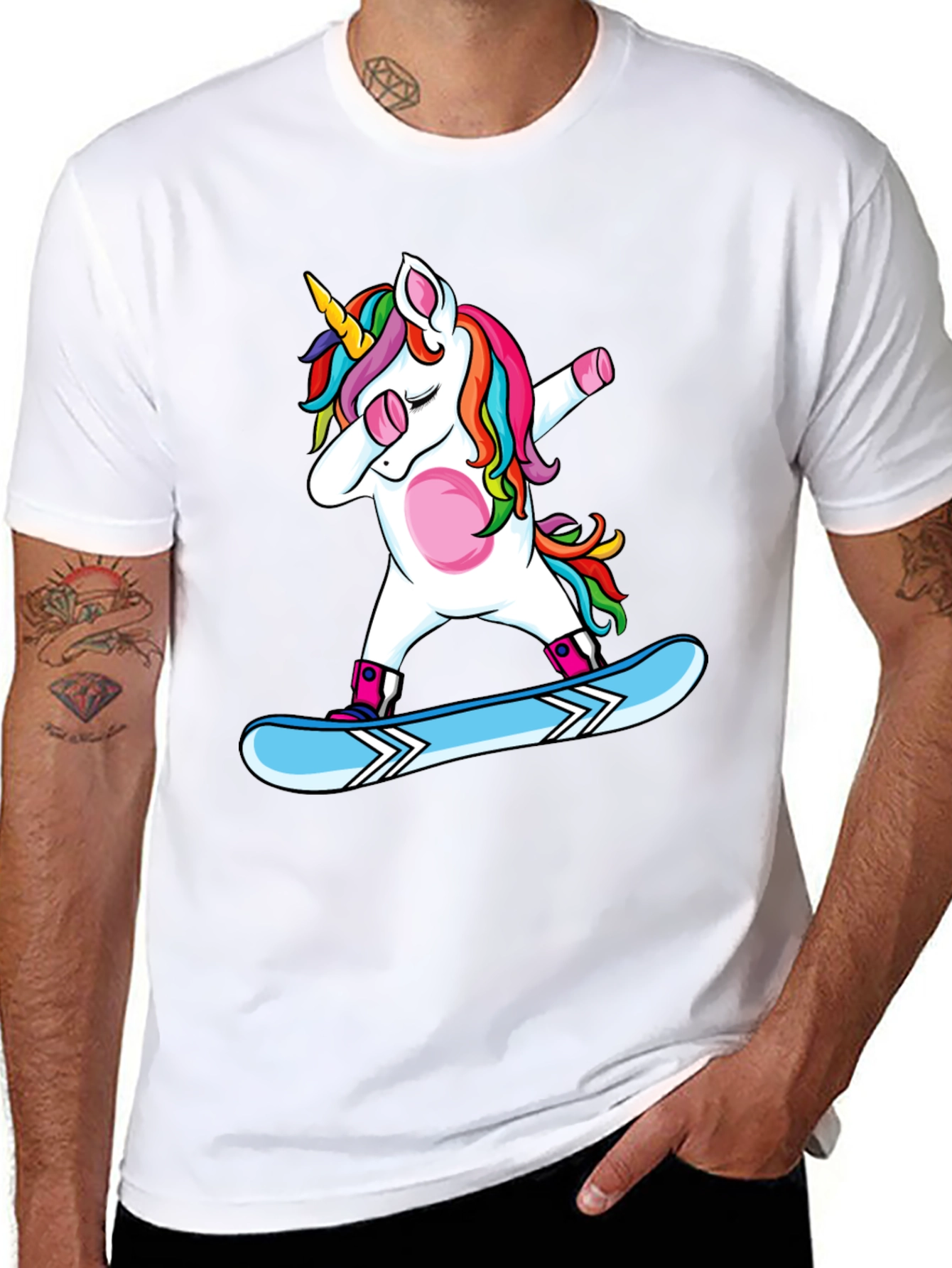 Dabbing Unicorn Snowboarding Black T-Shirt