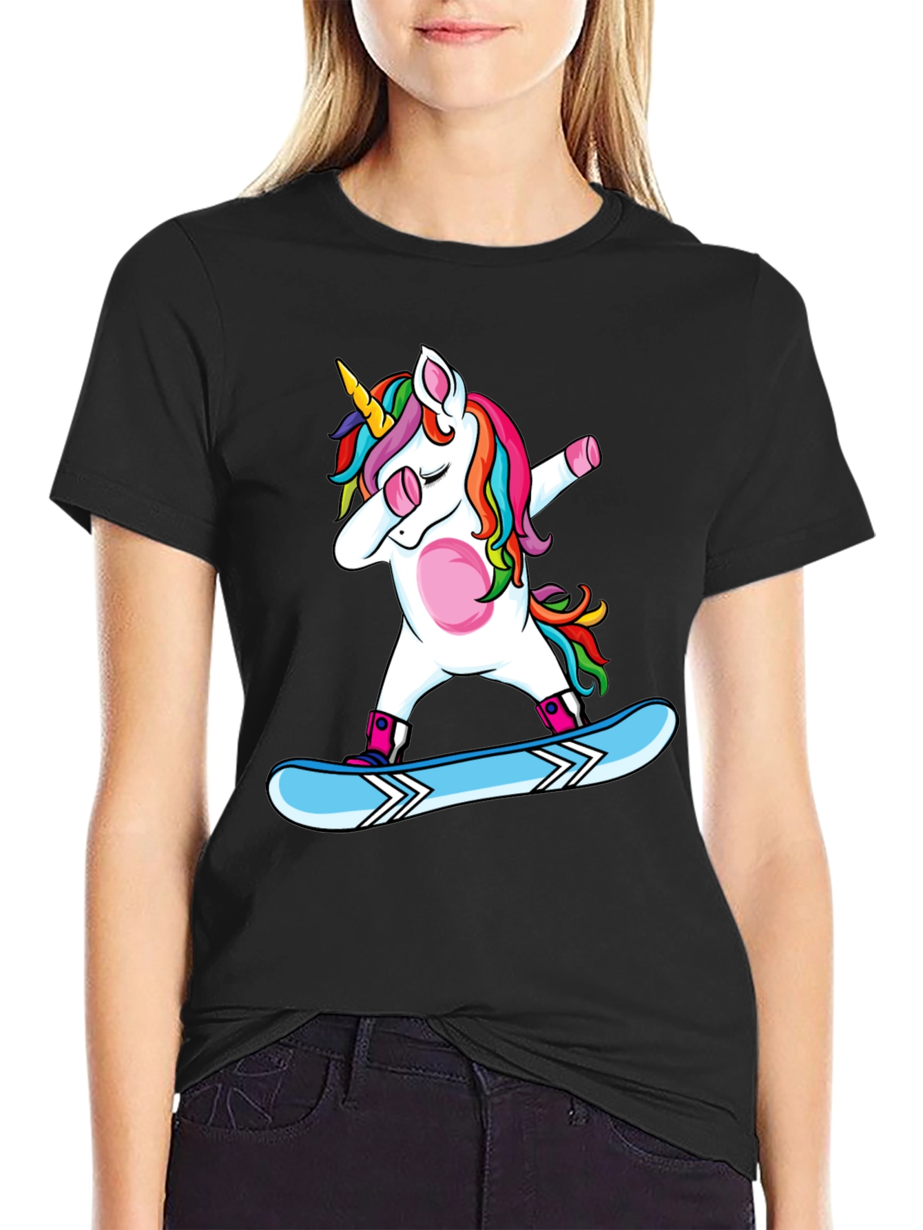 Dabbing Unicorn Snowboarding Black T-Shirt