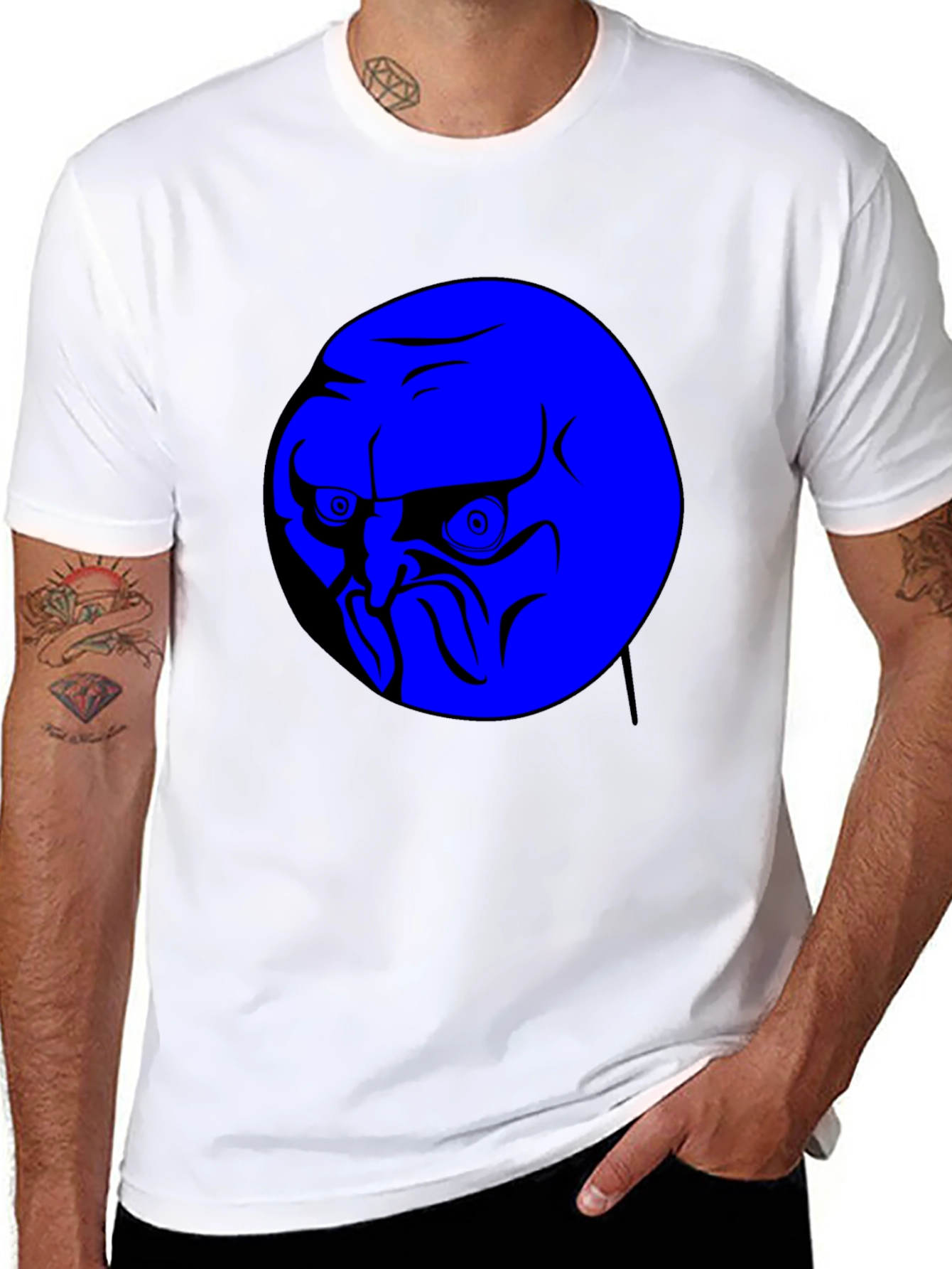 Blue Rage Face Graphic Black T-Shirt