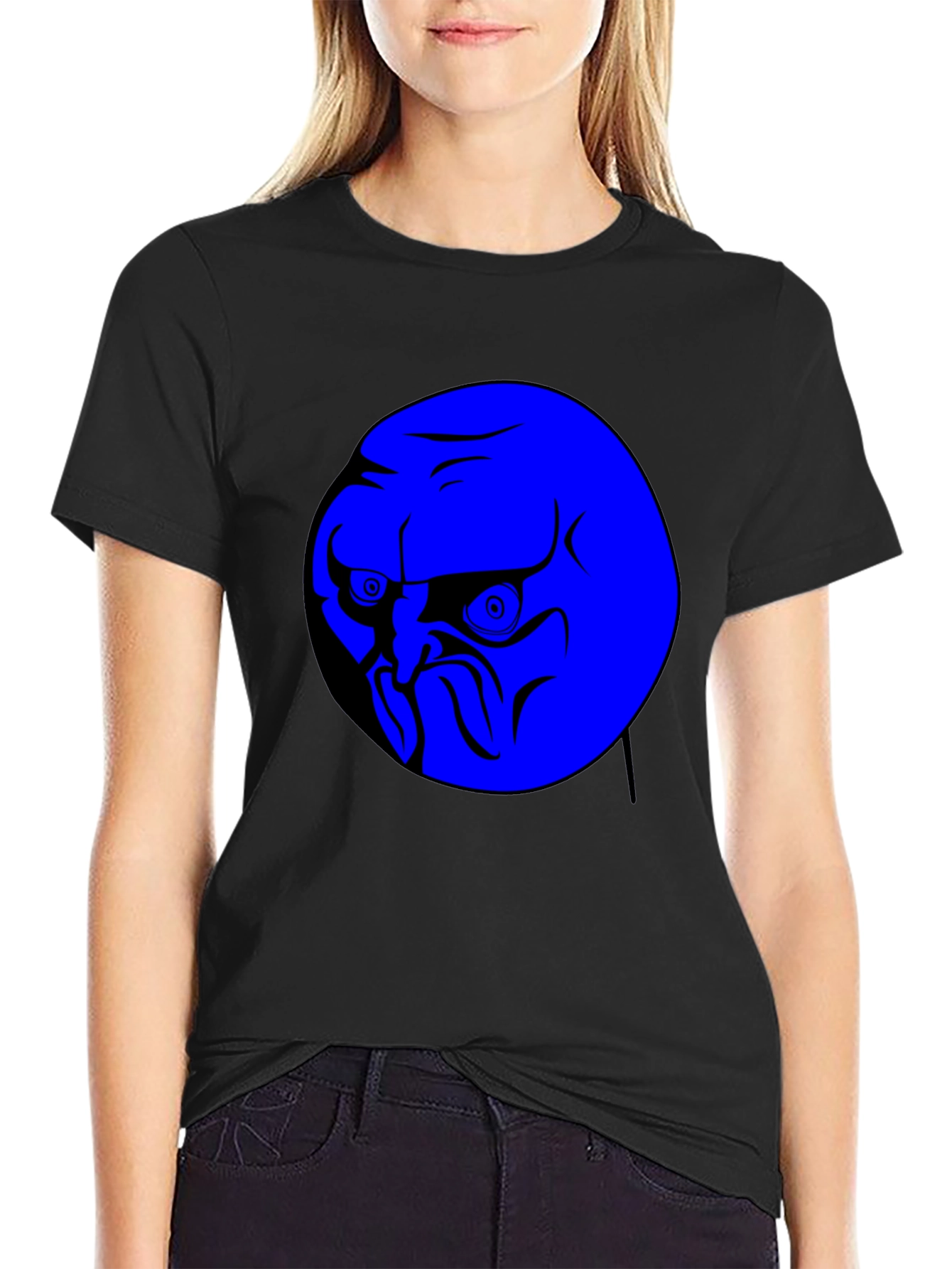 Blue Rage Face Graphic Black T-Shirt