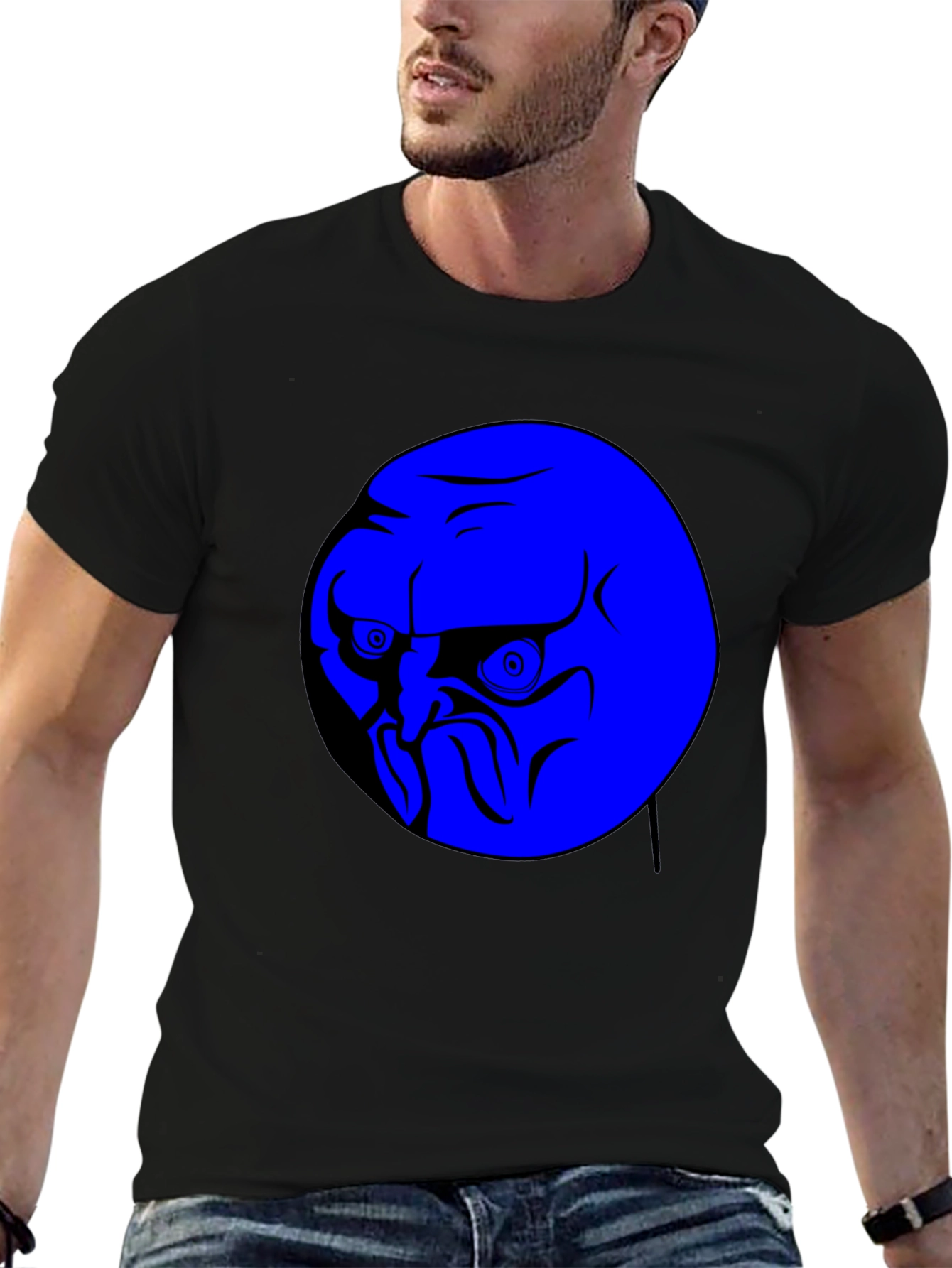 Blue Rage Face Graphic Black T-Shirt