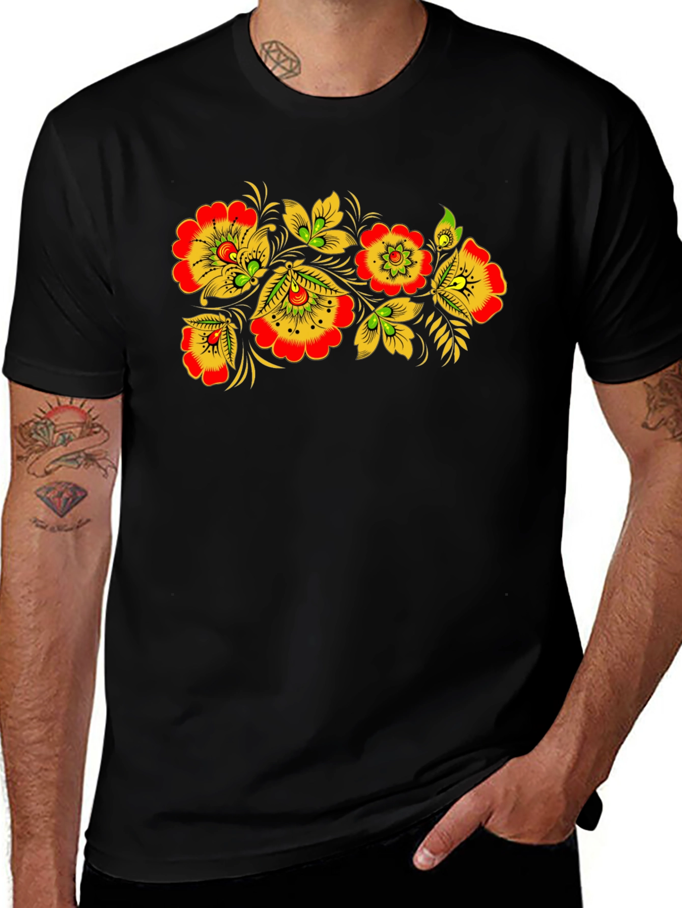 Floral Folk Art Black T-Shirt