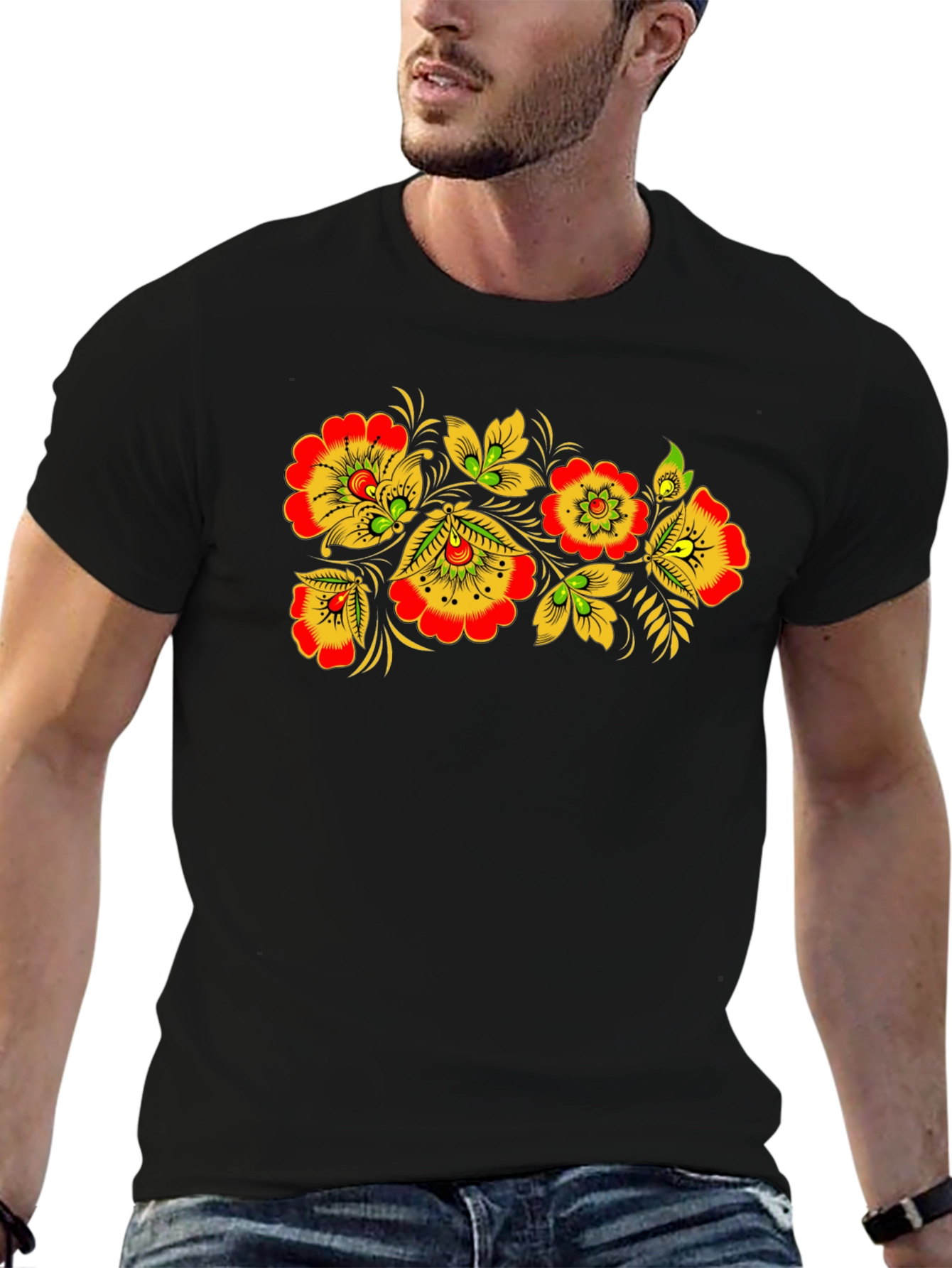 Floral Folk Art Black T-Shirt