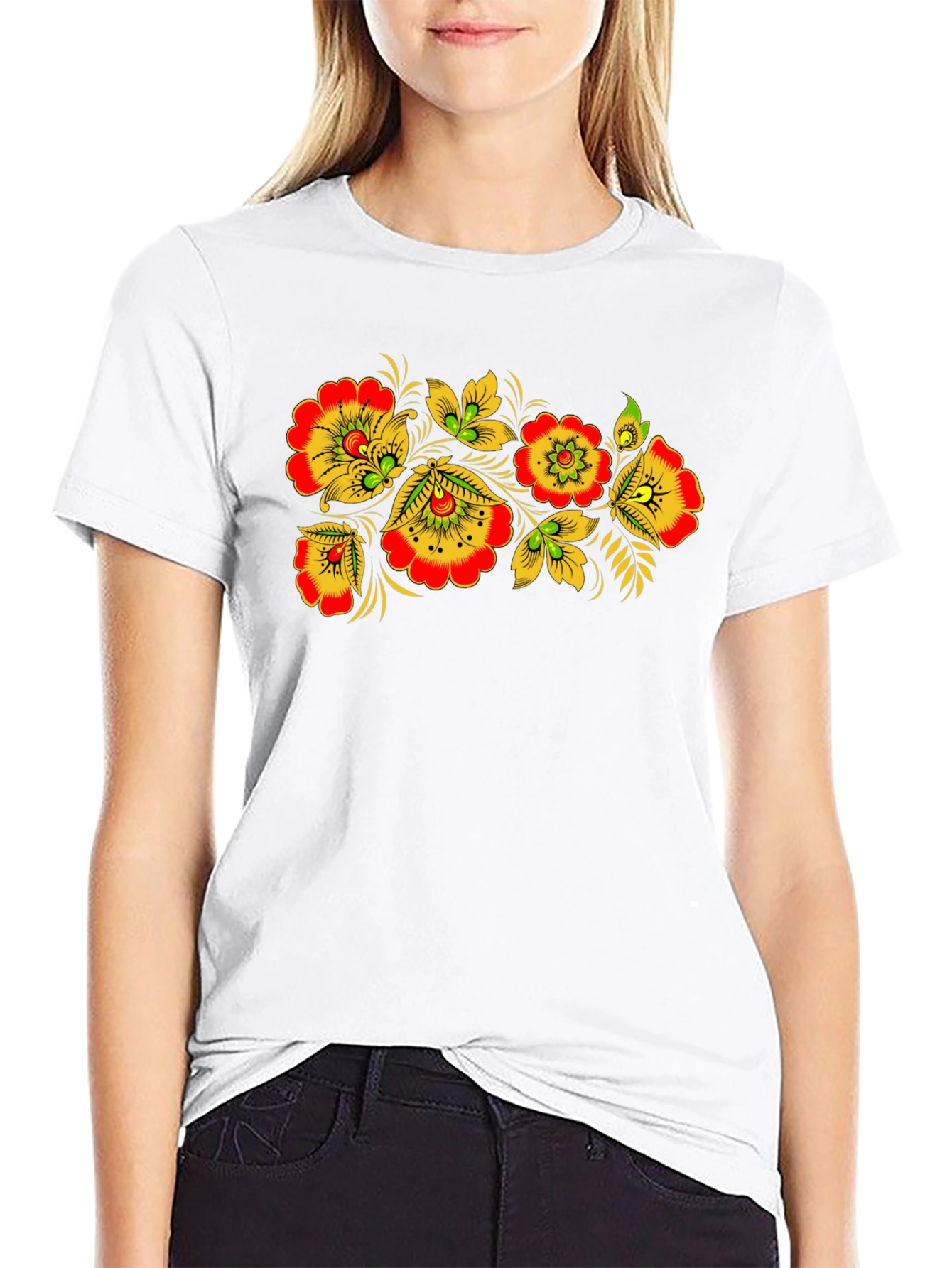 Floral Folk Art Black T-Shirt