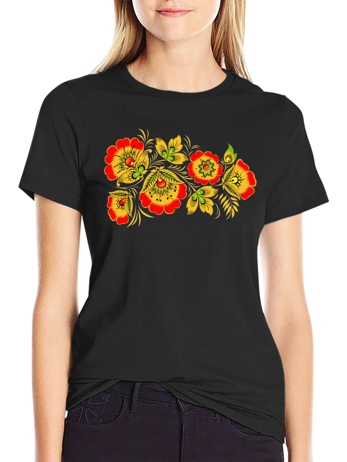 Floral Folk Art Black T-Shirt
