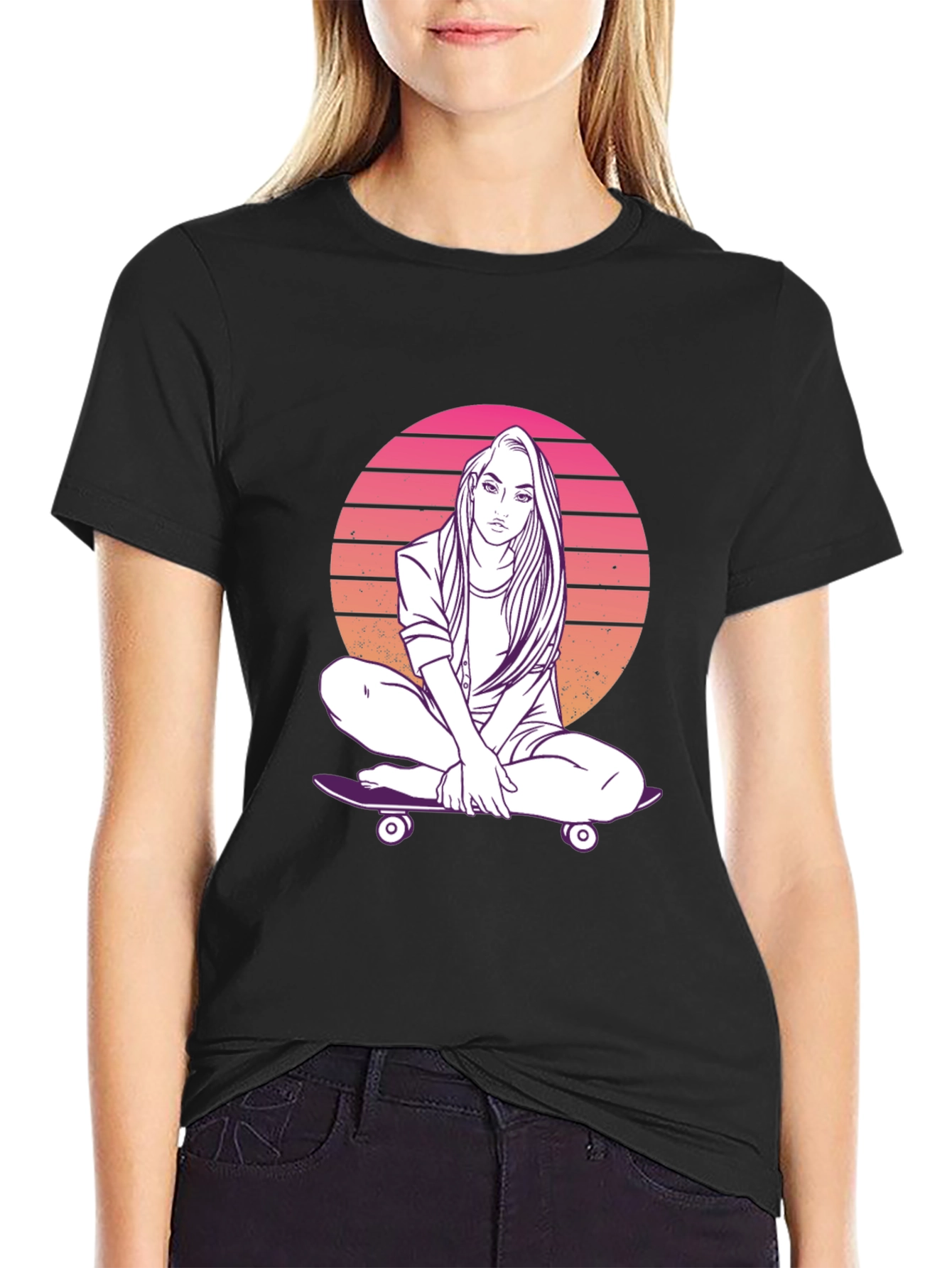 Sunset Skater Girl Graphic T-Shirt - Retro Style