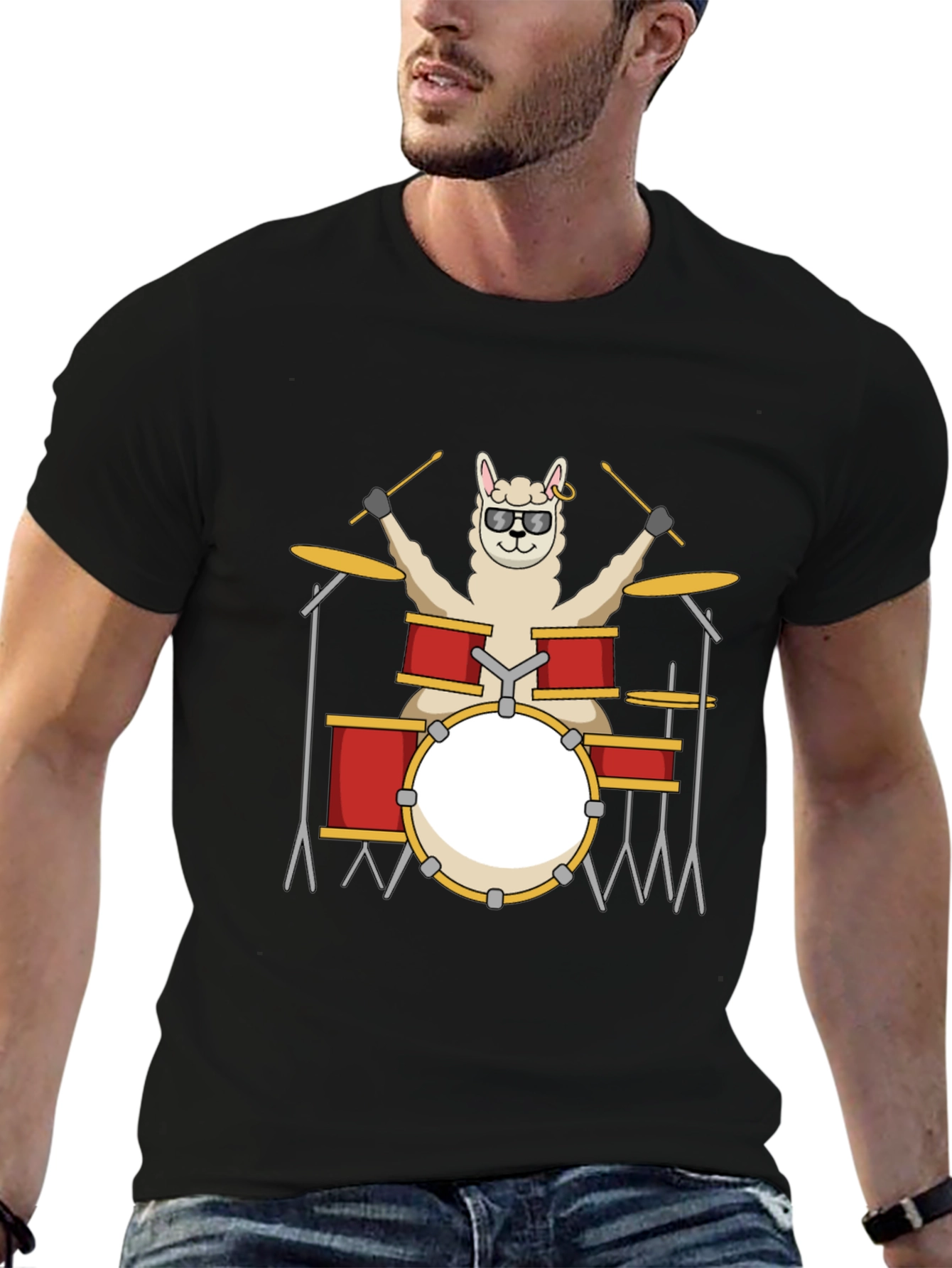 Llama Drummer T-Shirt - Black Cotton Tee