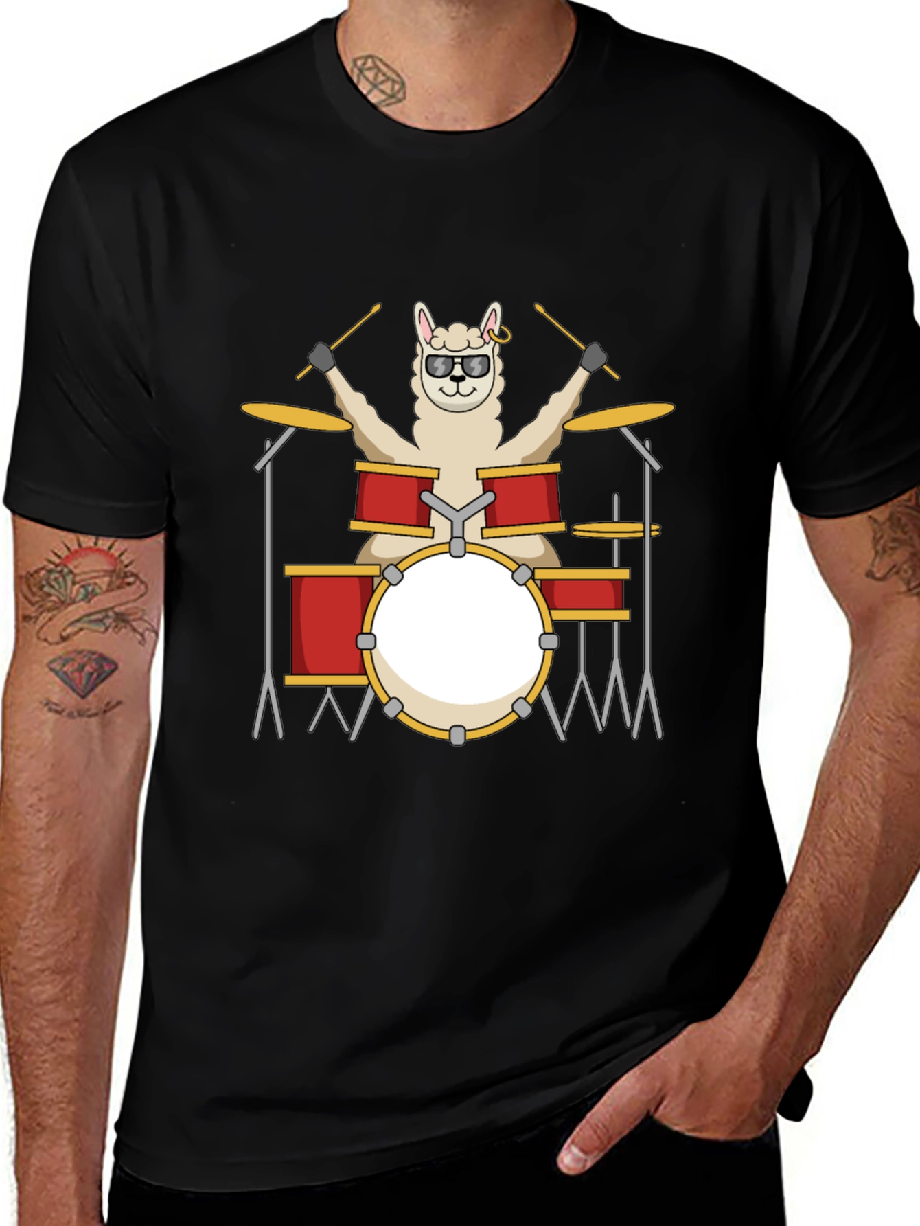 Llama Drummer T-Shirt - Black Cotton Tee