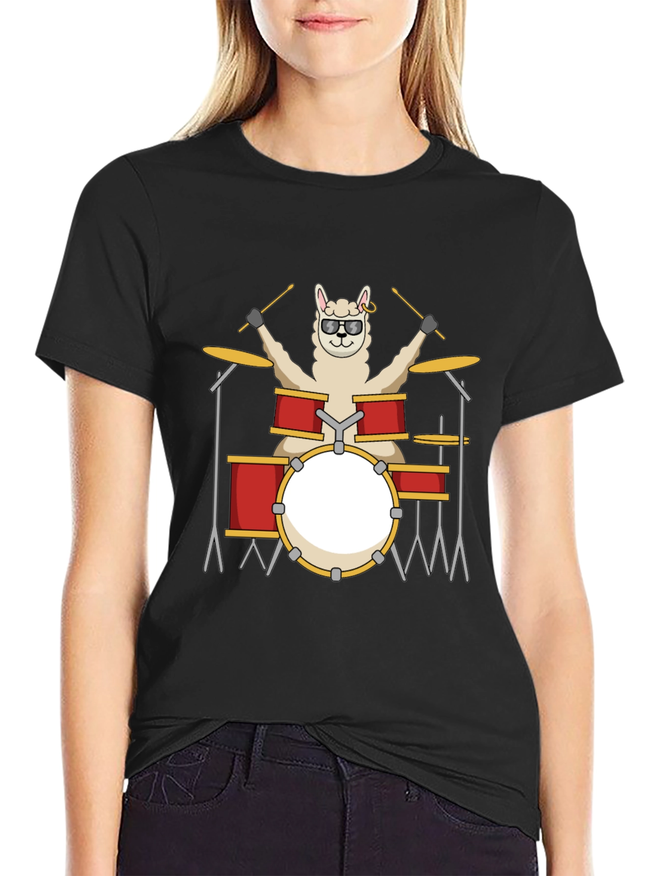 Llama Drummer T-Shirt - Black Cotton Tee