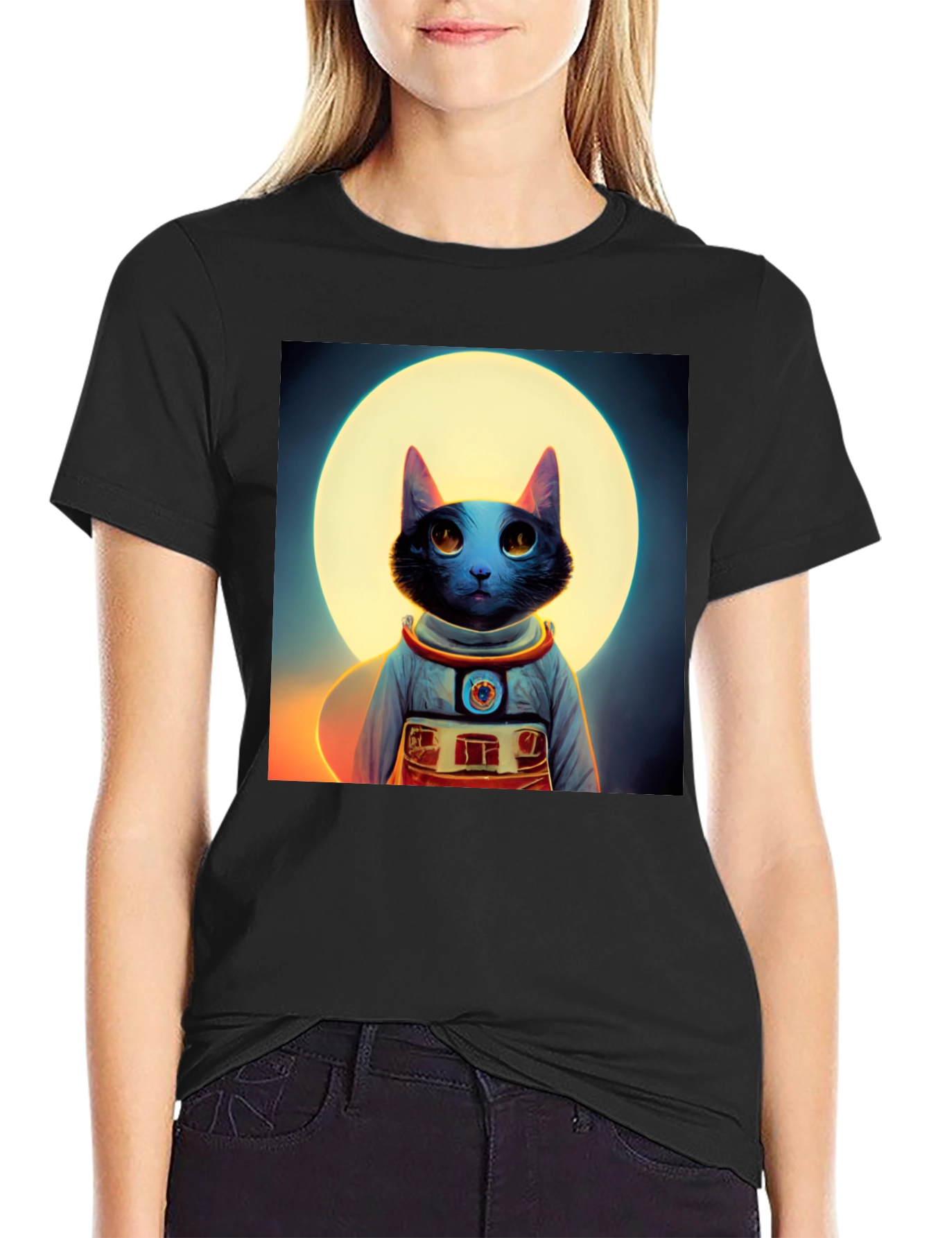 Astronaut Cat Graphic Tee - Black Cotton Blend Shirt