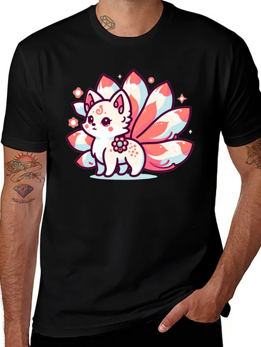 Kawaii Nine-Tailed Fox Graphic Tee - Black T-Shirt