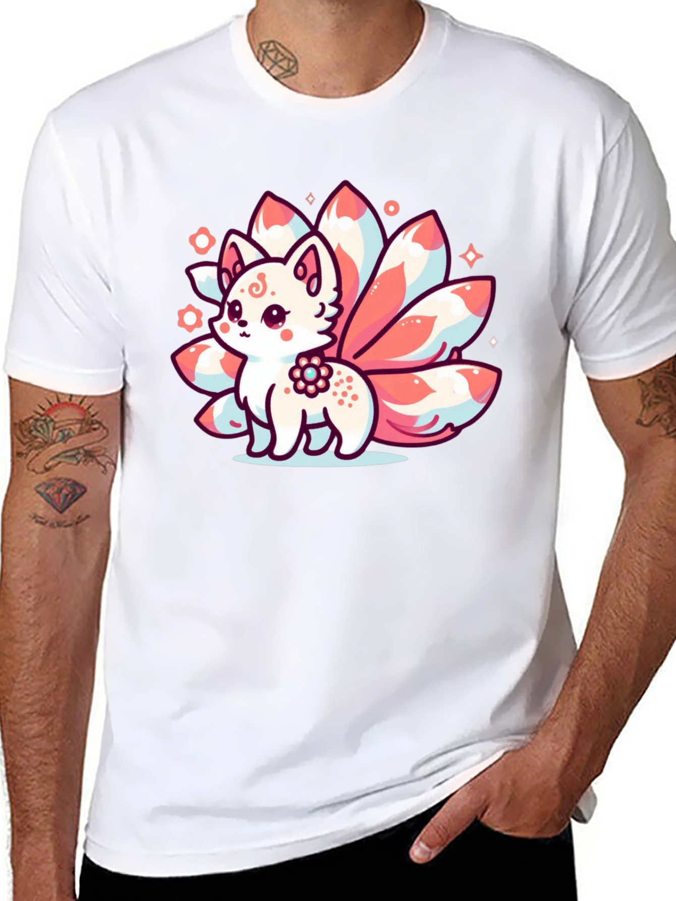 Kawaii Nine-Tailed Fox Graphic Tee - Black T-Shirt