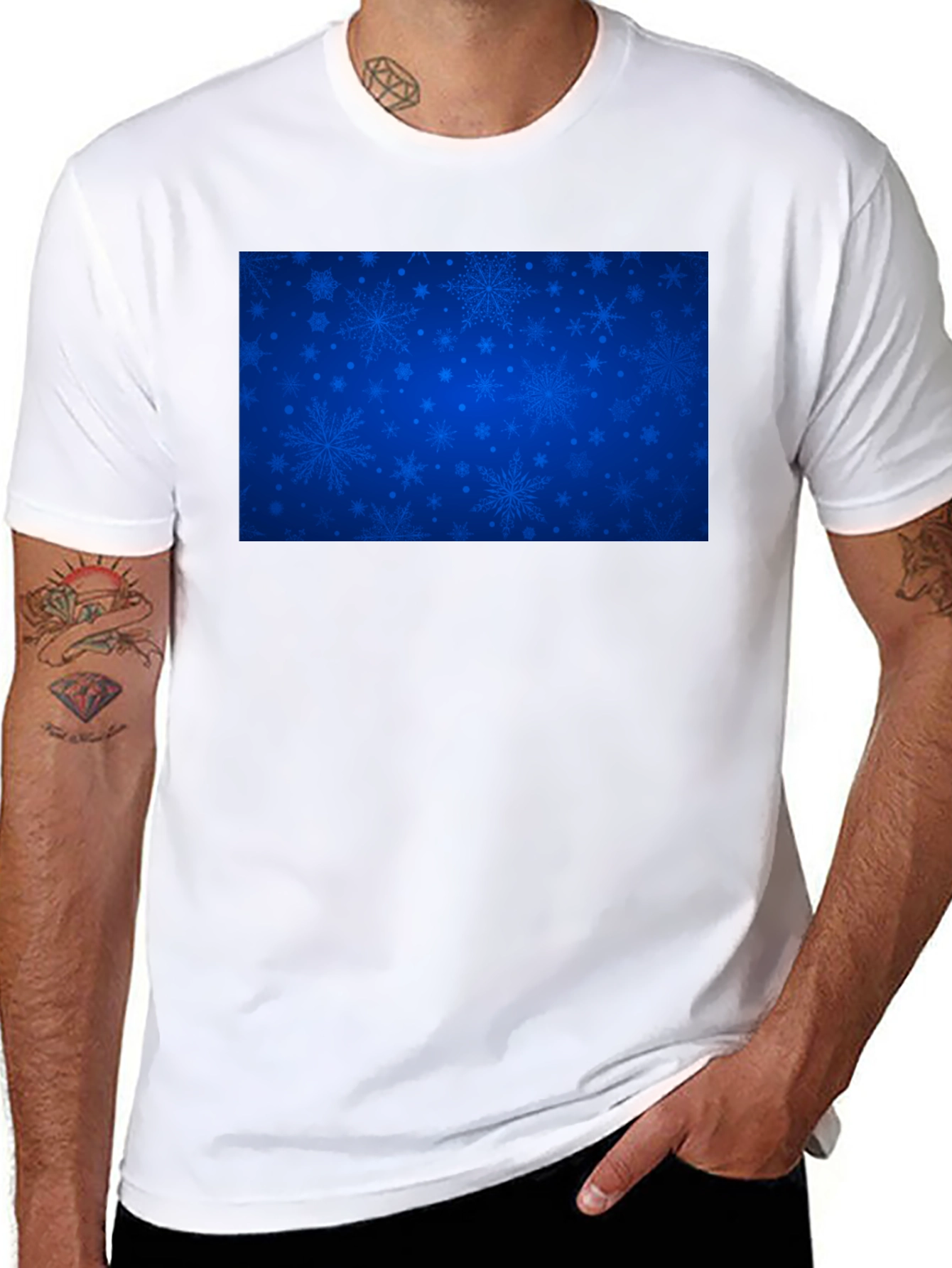Blue Snowflake Pattern Black T-Shirt