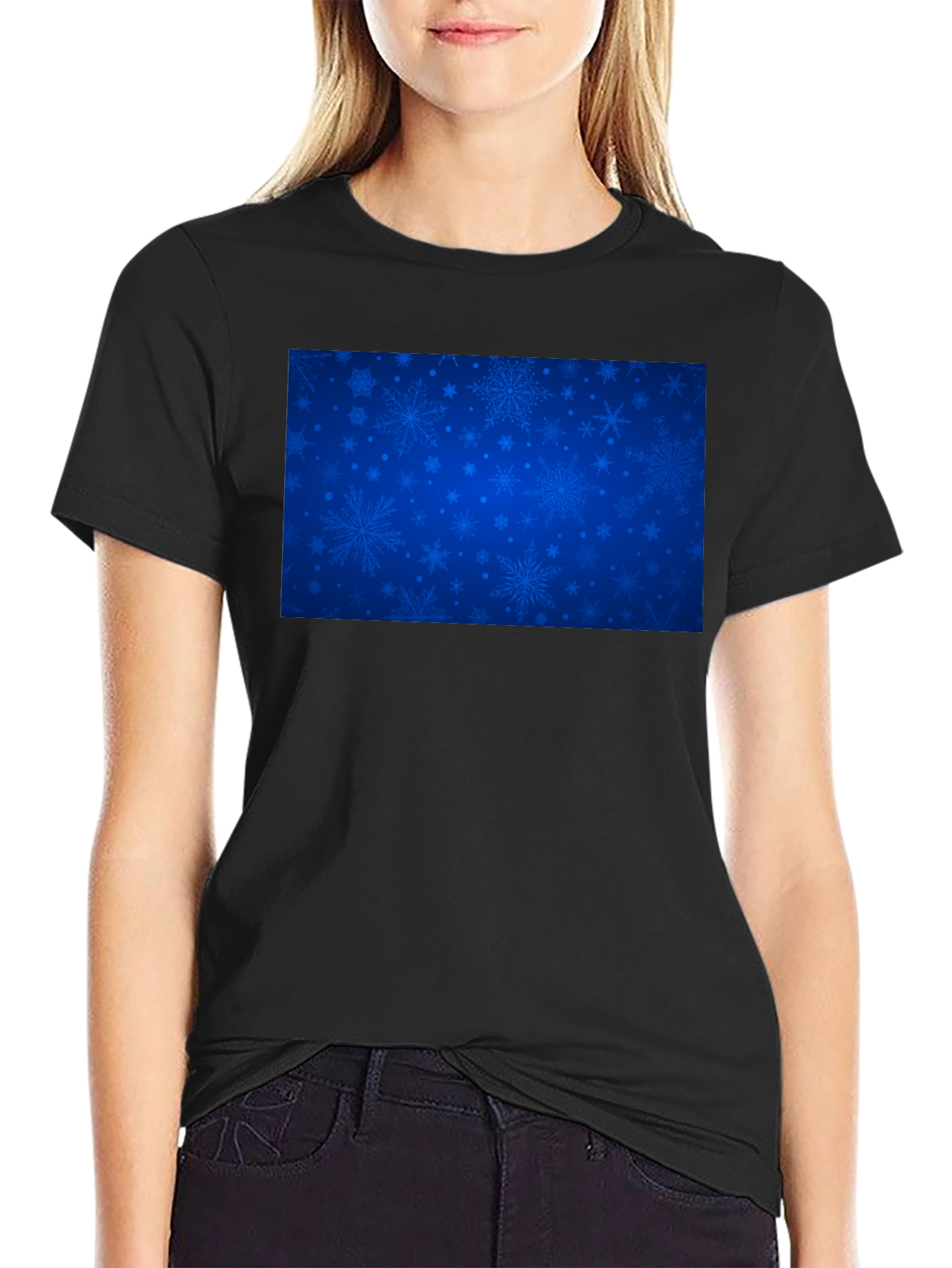 Blue Snowflake Pattern Black T-Shirt
