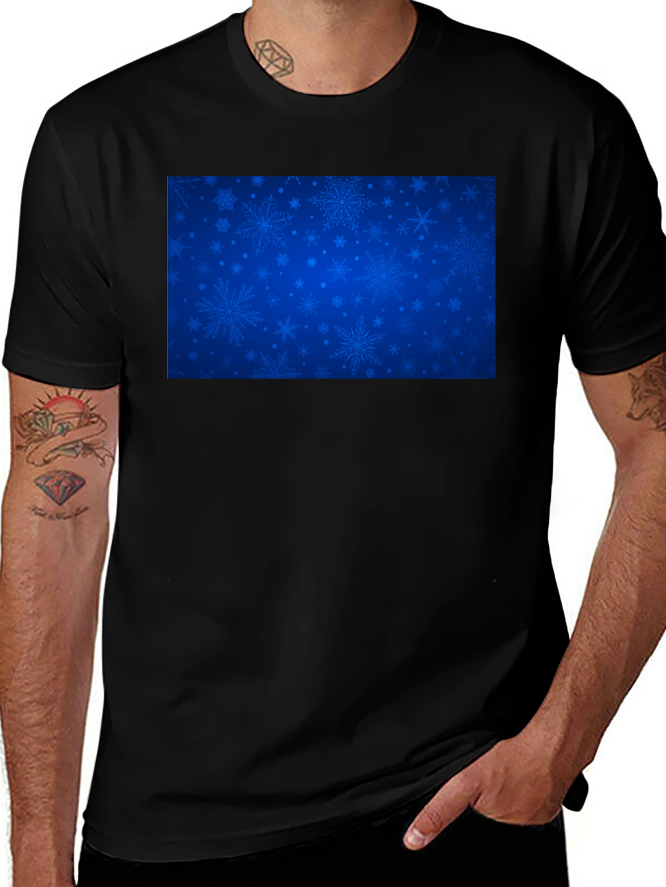 Blue Snowflake Pattern Black T-Shirt