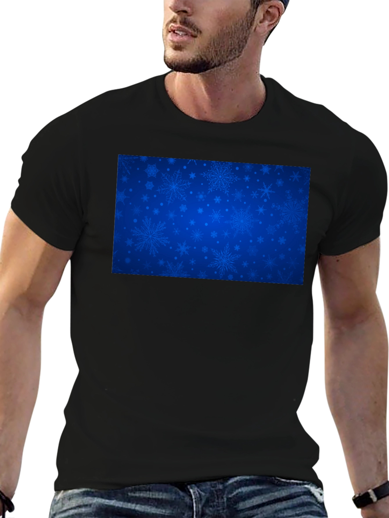 Blue Snowflake Pattern Black T-Shirt