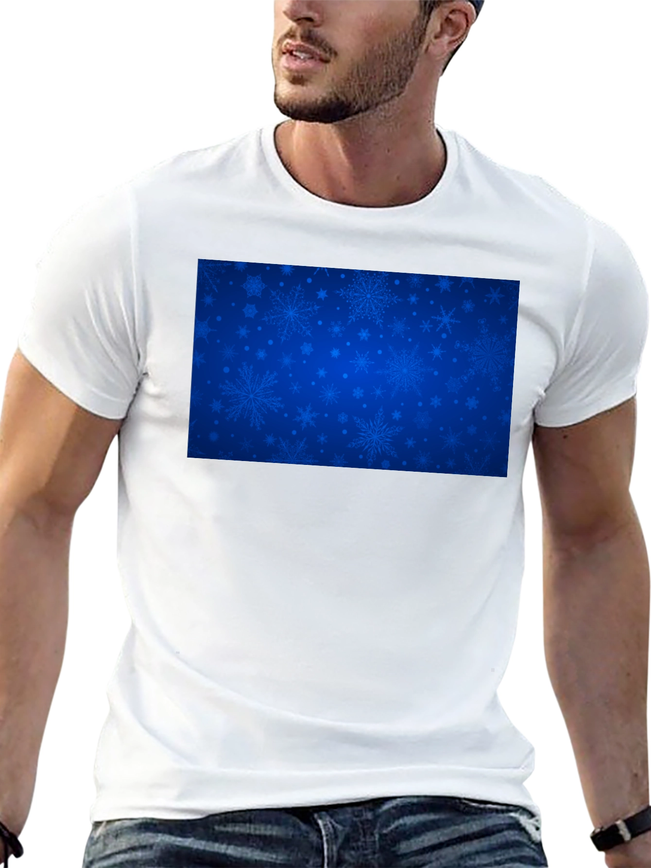 Blue Snowflake Pattern Black T-Shirt