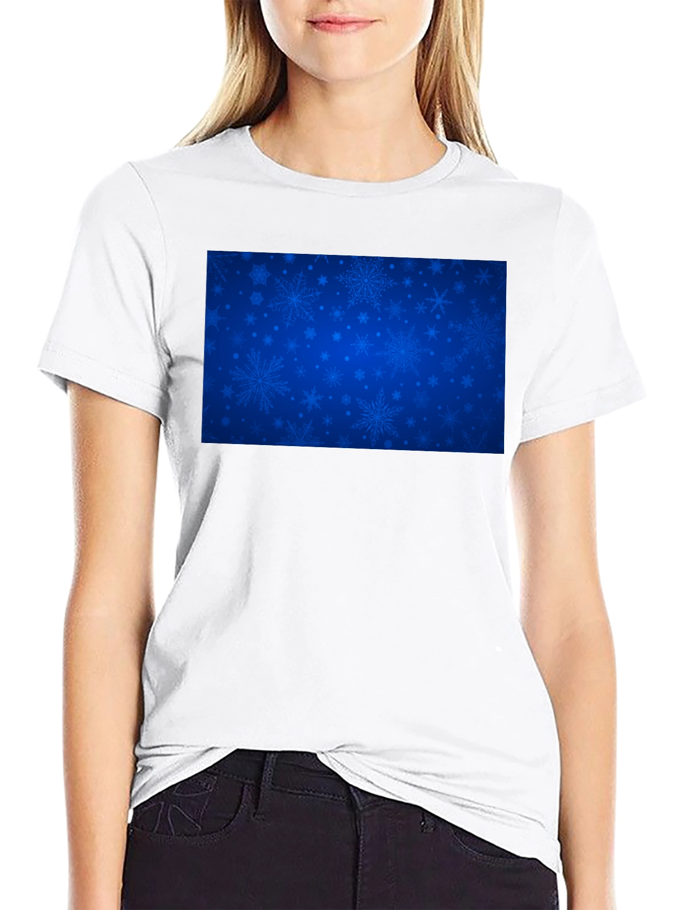 Blue Snowflake Pattern Black T-Shirt