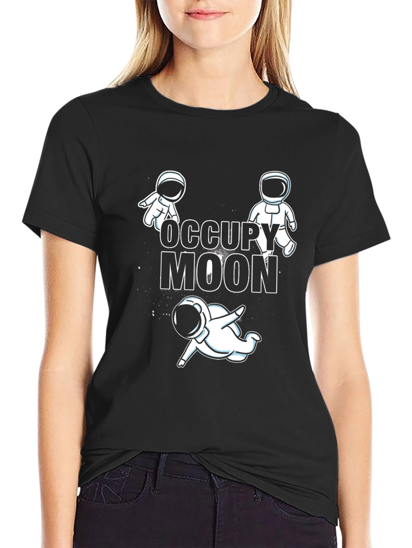Occupy Moon Graphic Tee - Black Cotton Astronaut T-Shirt
