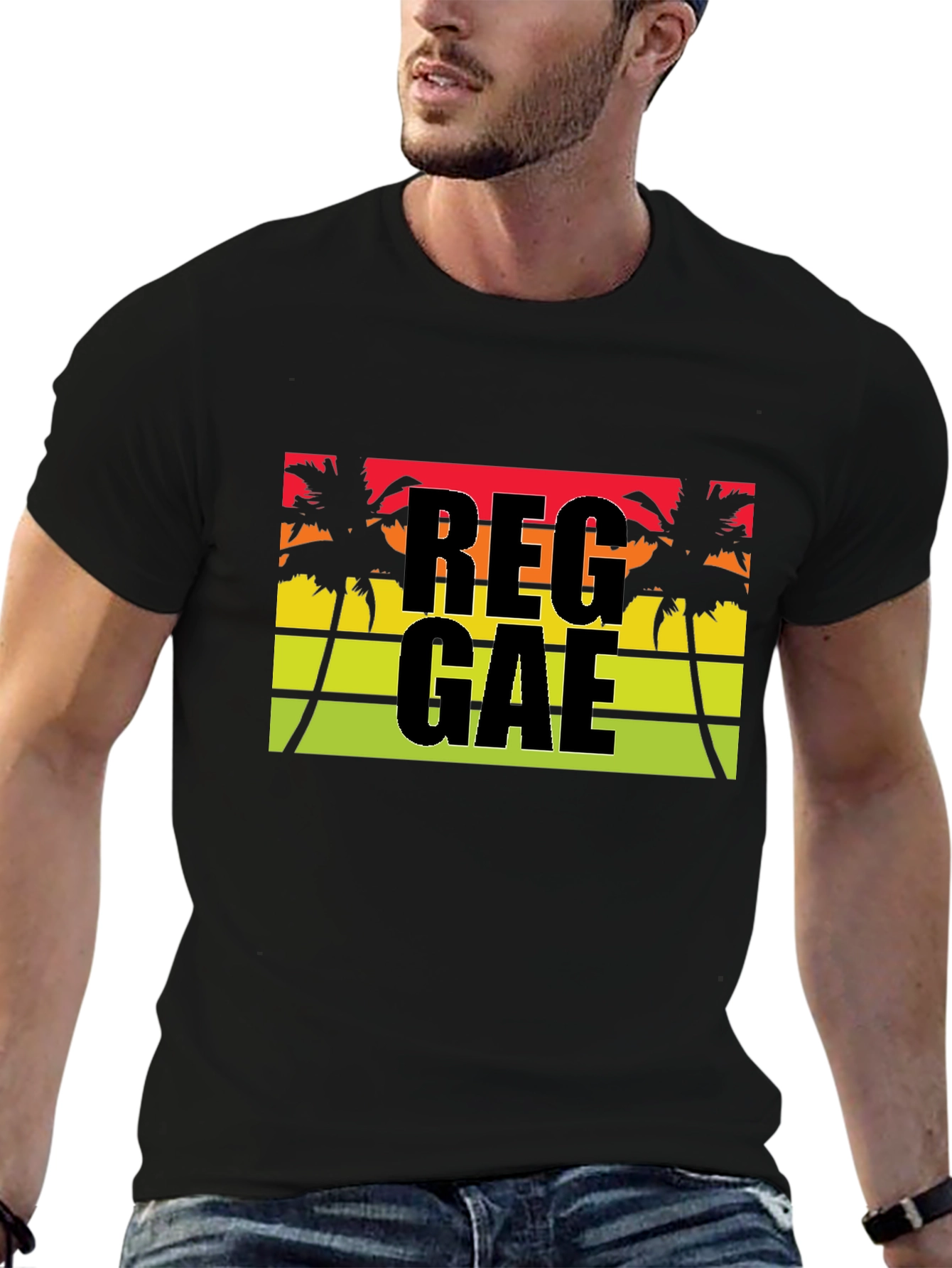 Reggae Palm Tee - Black Cotton Blend Casual T-Shirt