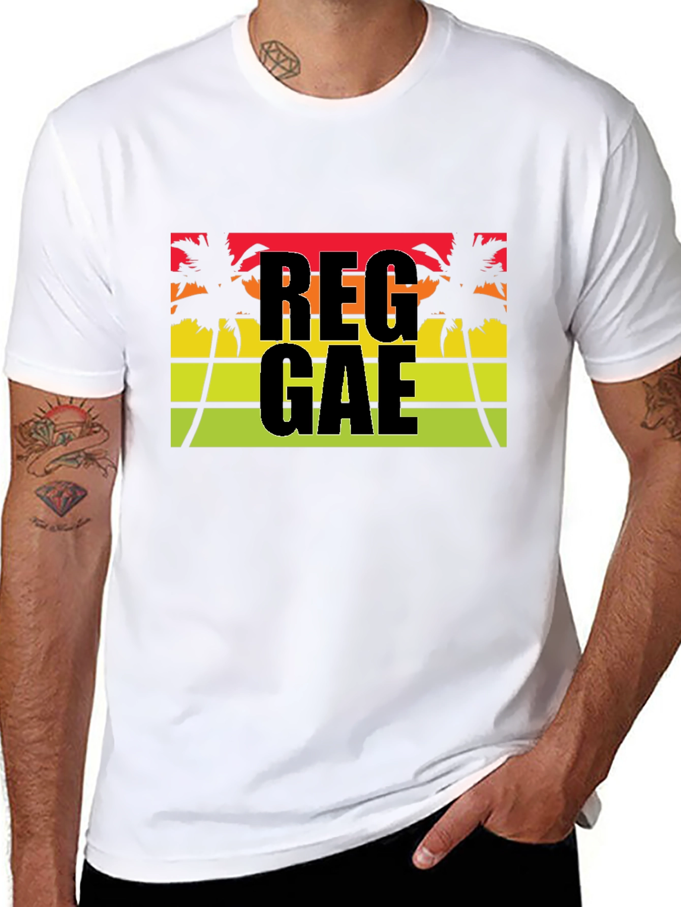 Reggae Palm Tee - Black Cotton Blend Casual T-Shirt