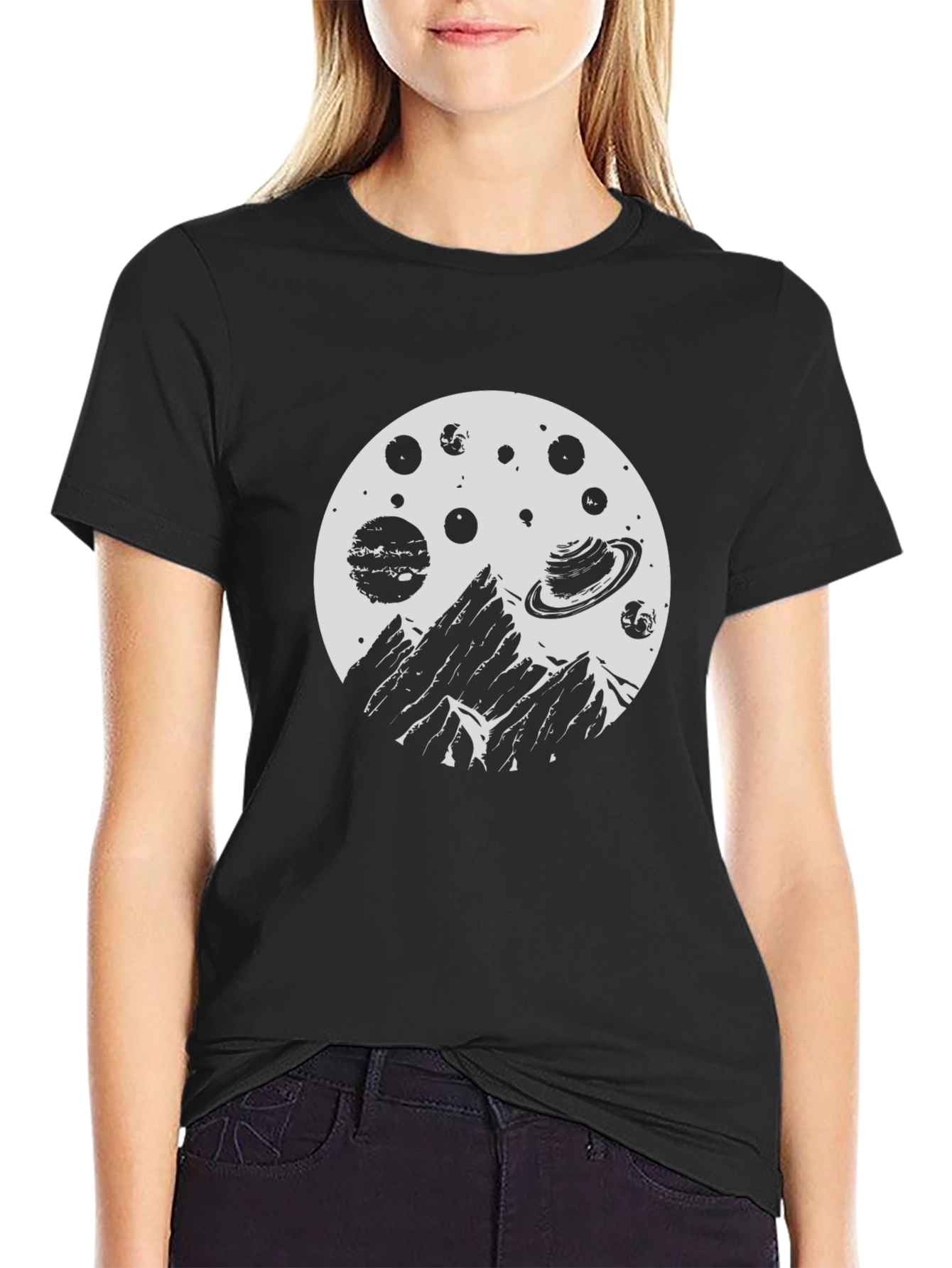 Cosmic Mountain Black T-Shirt - Space Adventure Design