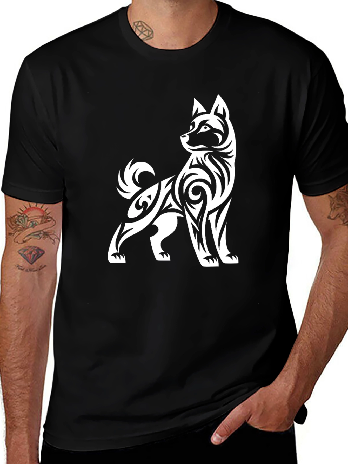 Tribal Dog Graphic Tee - Black Cotton Blend