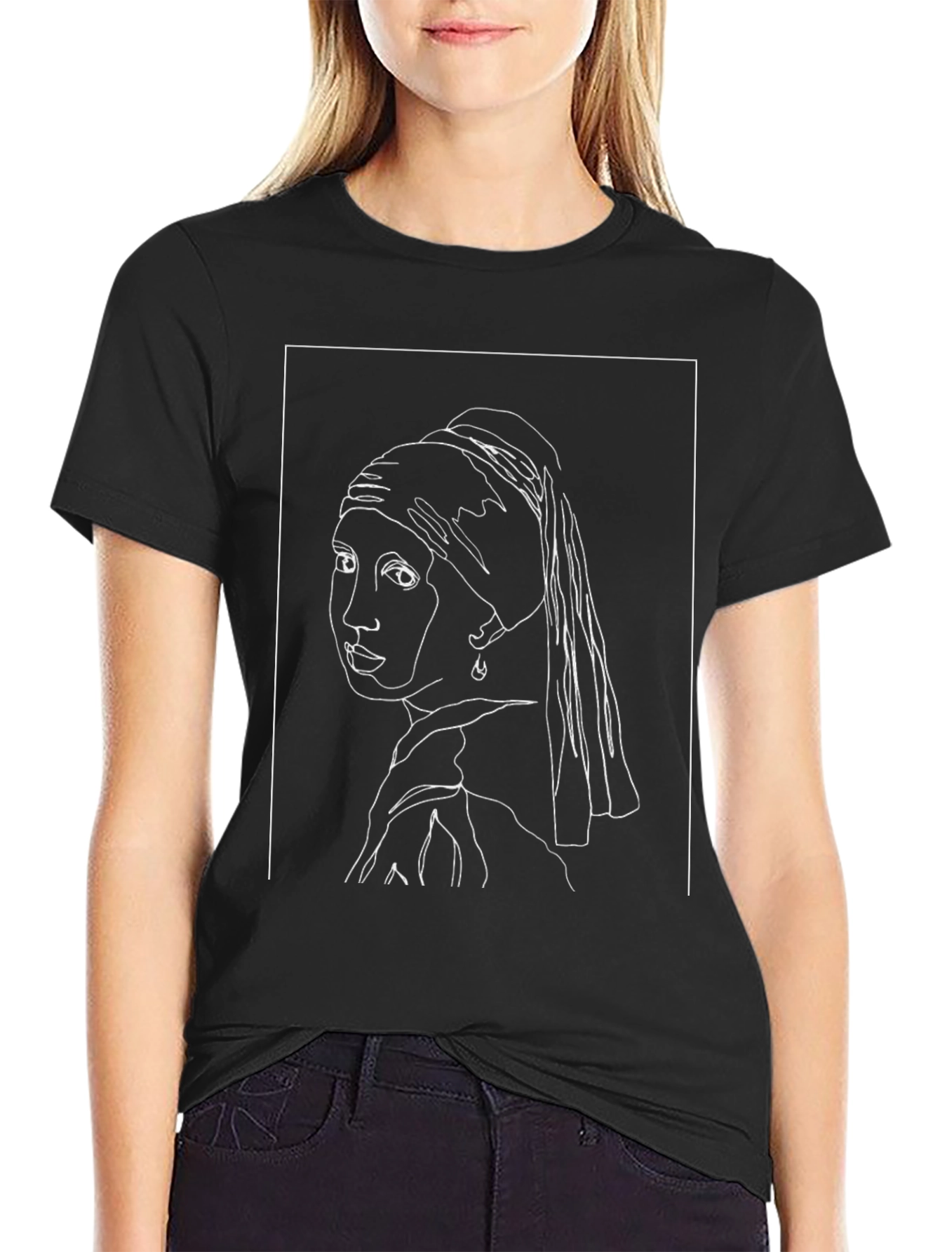 Girl with a Pearl Earring Line Art Black T-Shirt