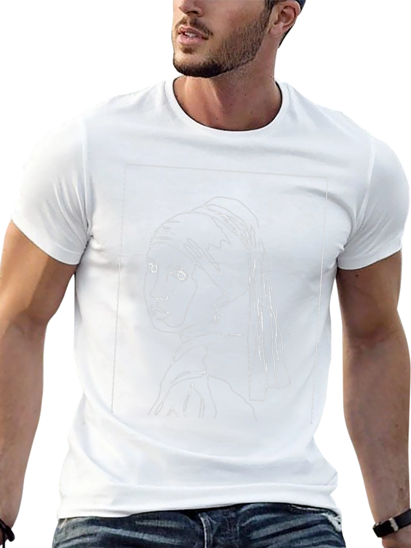 Girl with a Pearl Earring Line Art Black T-Shirt