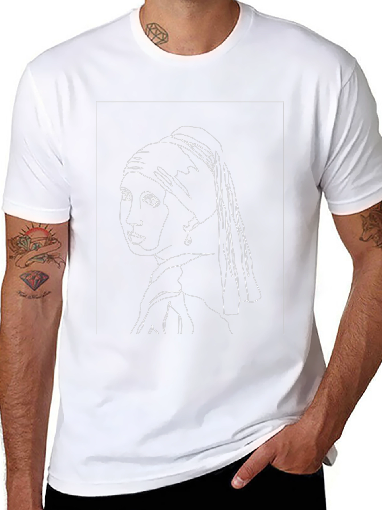 Girl with a Pearl Earring Line Art Black T-Shirt