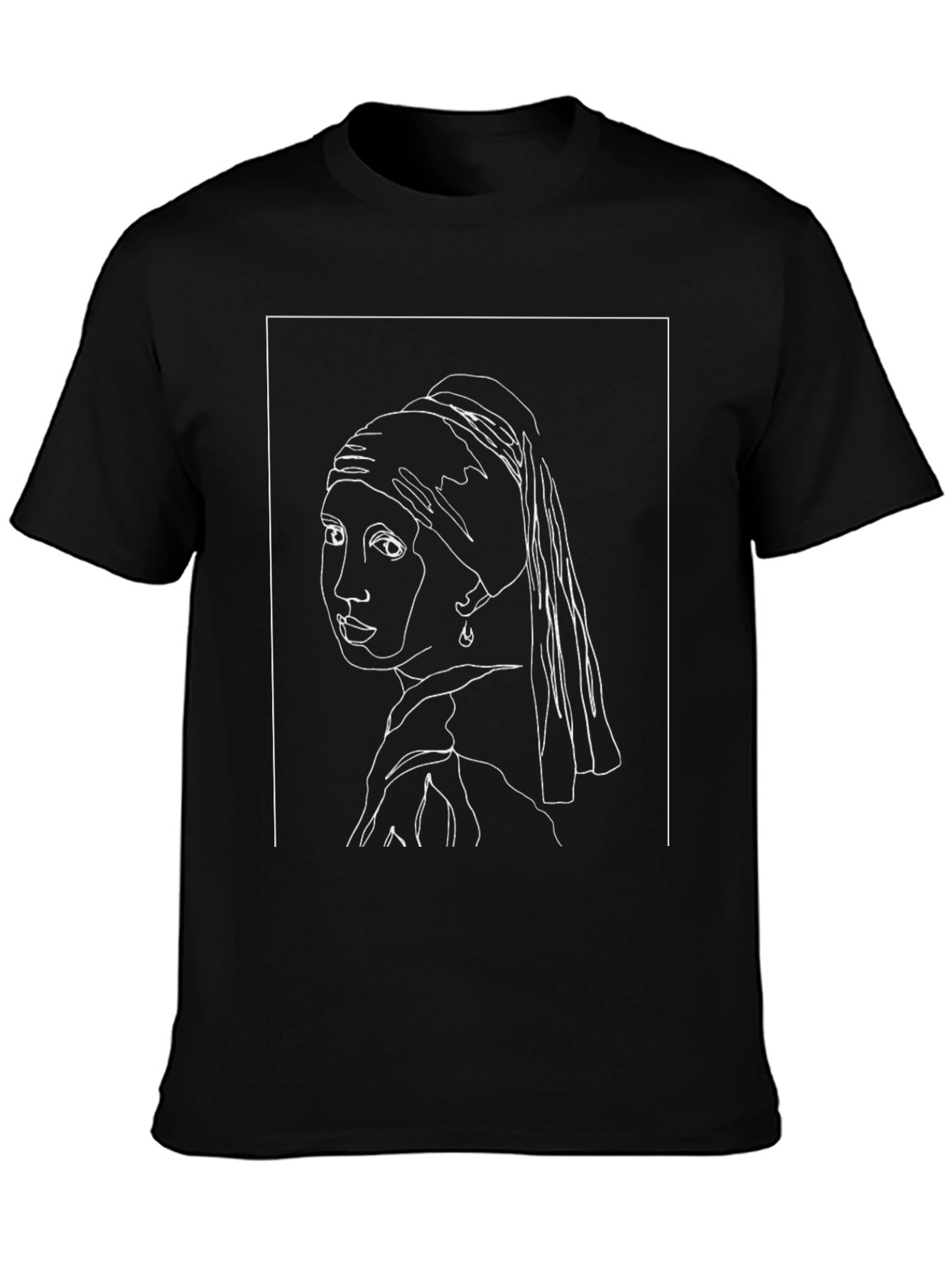 Girl with a Pearl Earring Line Art Black T-Shirt