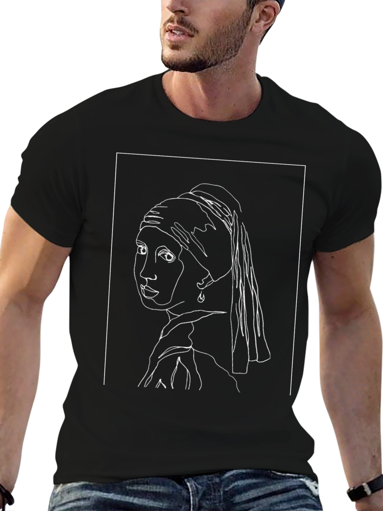 Girl with a Pearl Earring Line Art Black T-Shirt