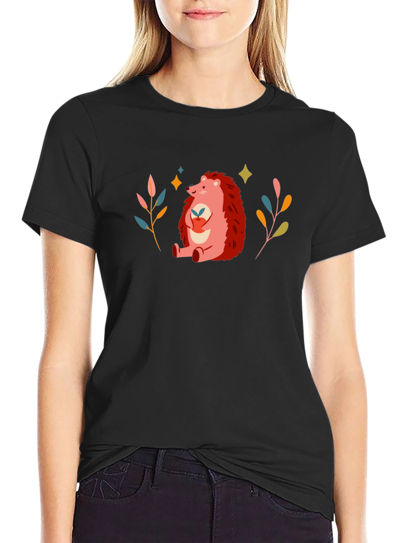 Cute Hedgehog Graphic Print Black T-Shirt
