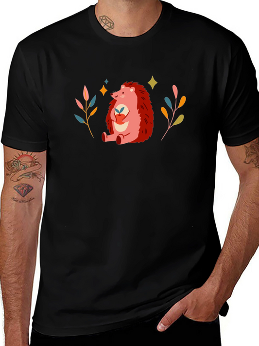 Cute Hedgehog Graphic Print Black T-Shirt