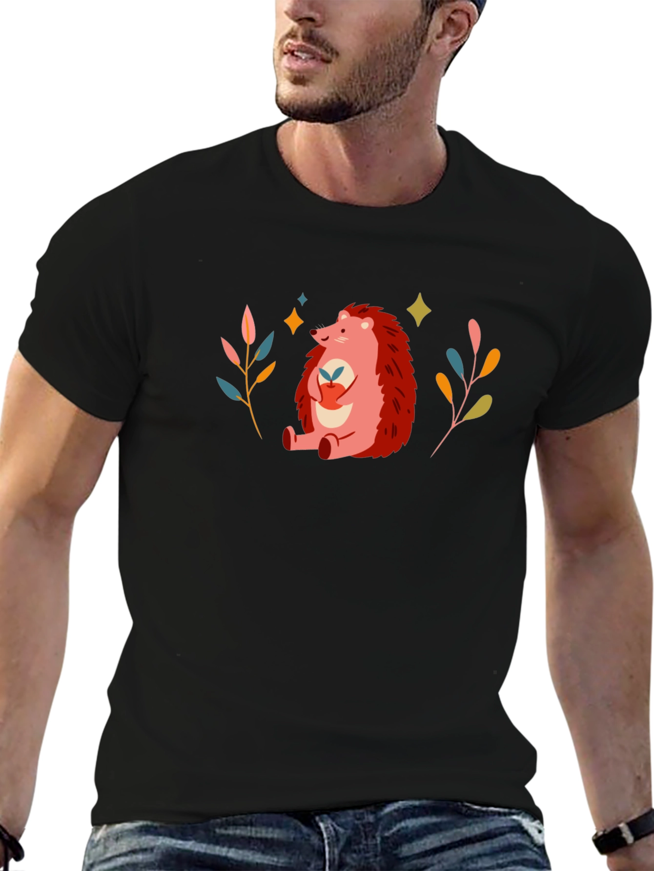 Cute Hedgehog Graphic Print Black T-Shirt