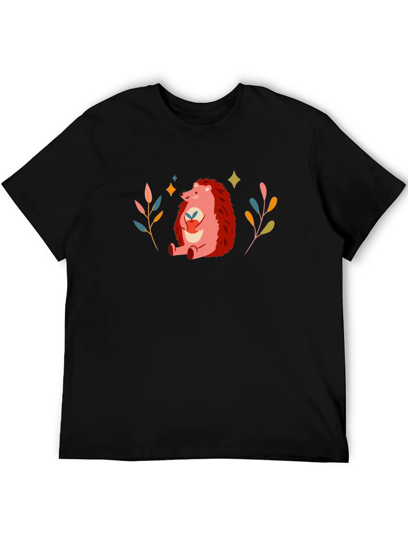 Cute Hedgehog Graphic Print Black T-Shirt