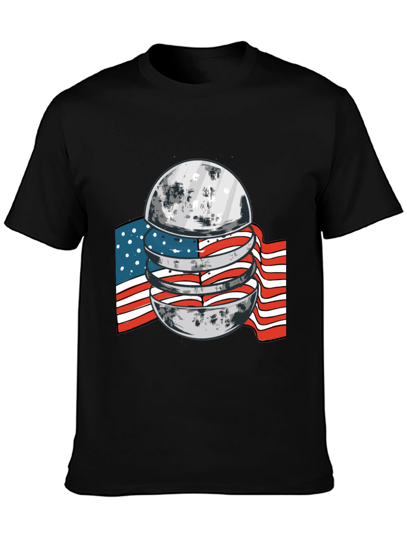 American Flag Moon Graphic Black T-Shirt