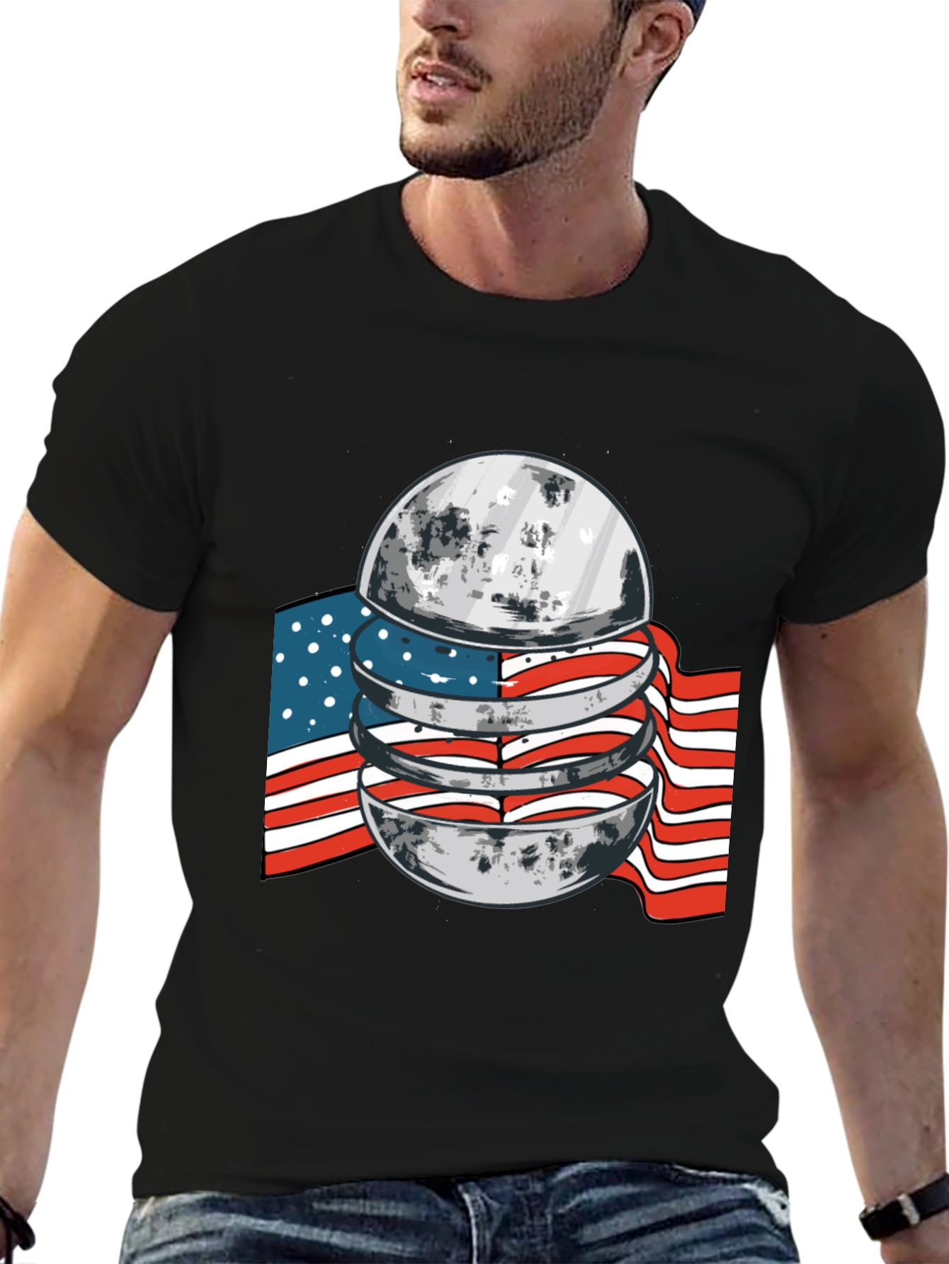 American Flag Moon Graphic Black T-Shirt